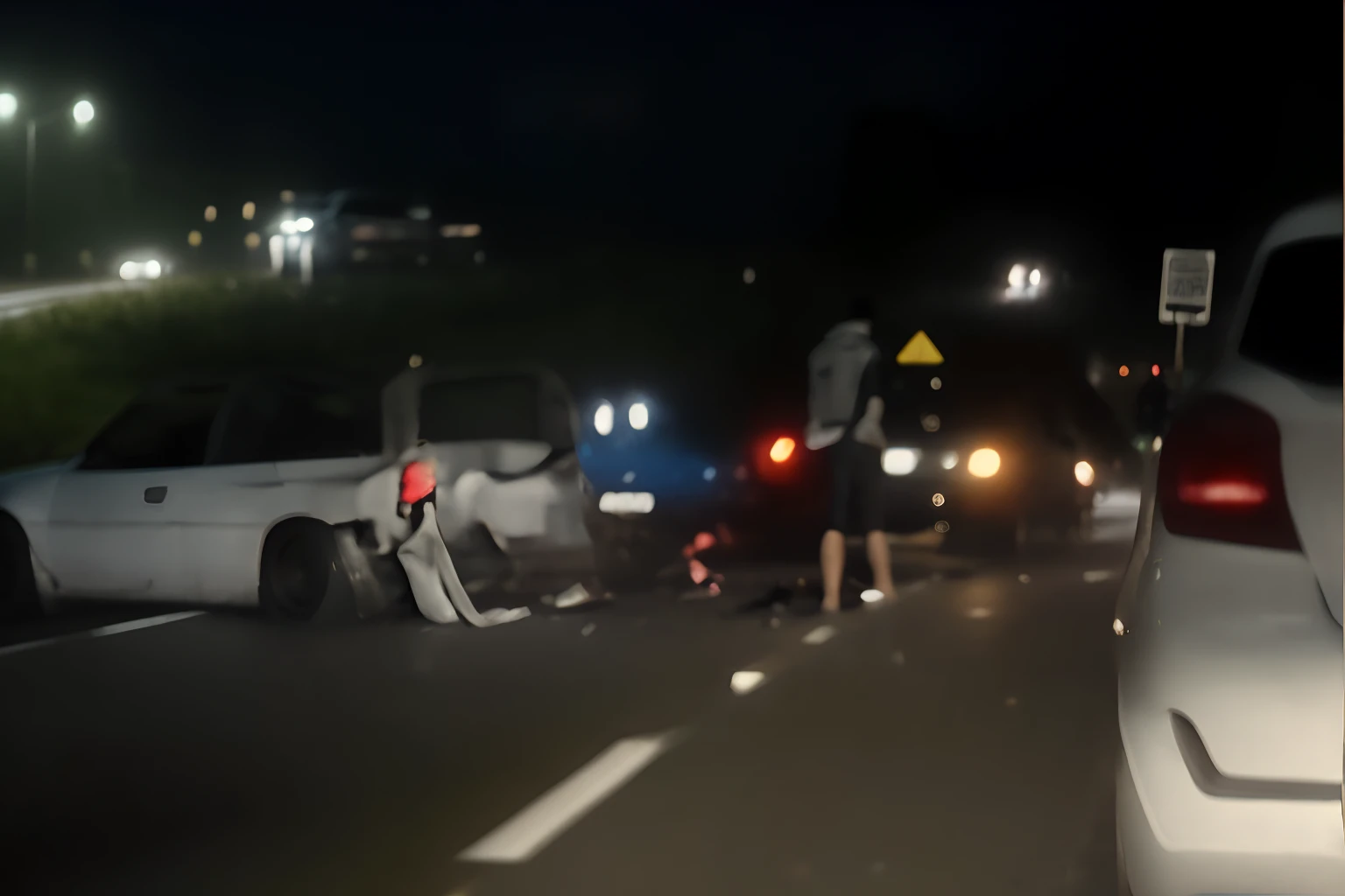 There are many cars and motorcycles on the road at night, carros bateram, destroyed cars, very blurry, Imagens desfocadas, acidente, acidente de carro, Filmagens de baixa qualidade, Acidente, Wet Highway Chase, foto de baixa qualidade, imagem desfocada, video still, traffic accident, Wrecked overturned cars, foto desfocada, non blurry, Acidente, intoxicatingly blurry, realista, futurista, cinematic quality 8k,lente 50 mm