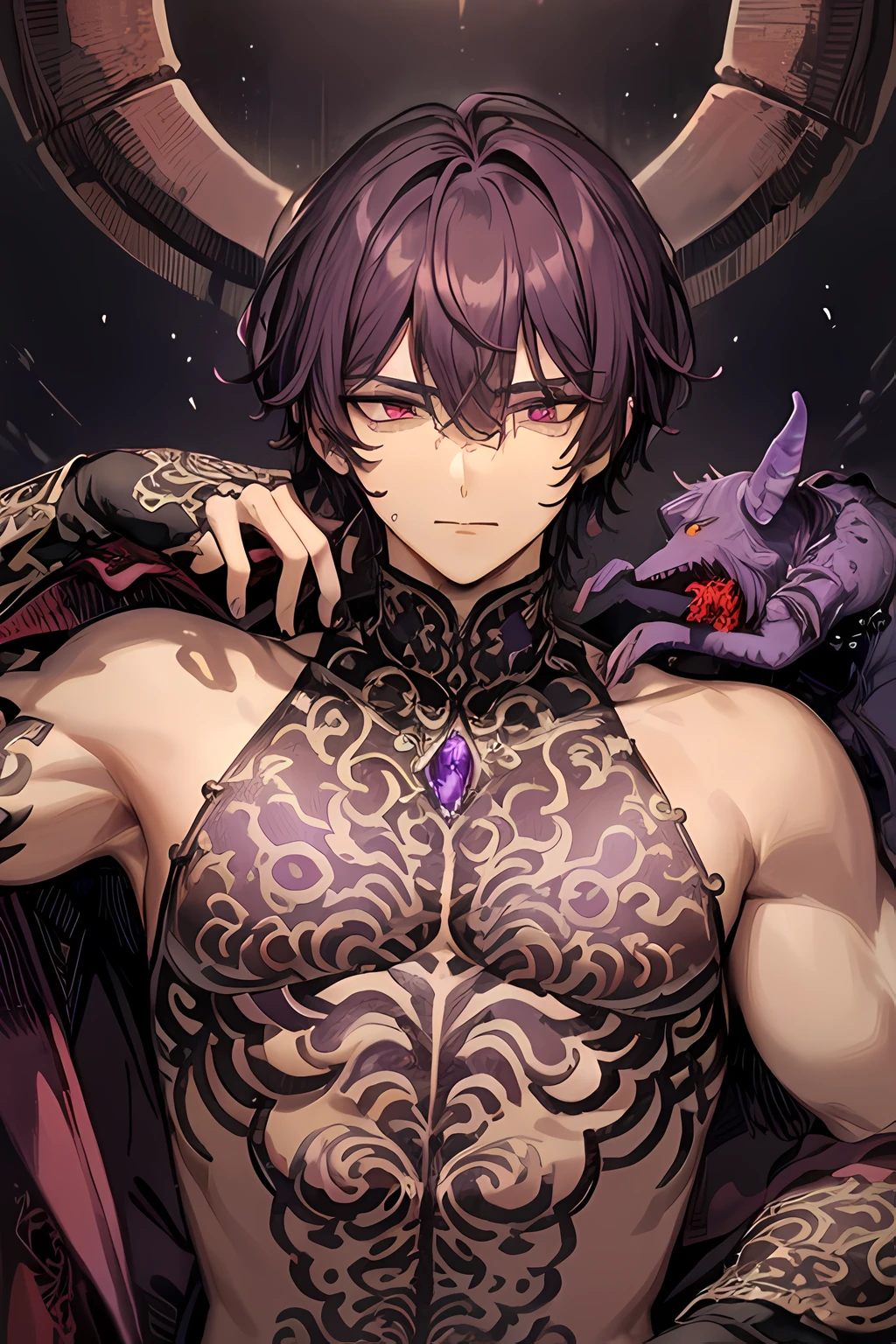 masterpiece, best quality, 1 male, adult, demon, tall muscular, intricate details, purple skin, portrait, short hair, dark hair, bangs covering eyes, covered eyes