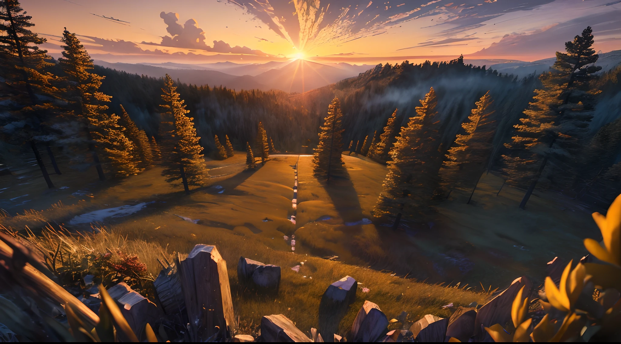 (masterpiece, best quality:1.2), ultra detailed, cinematic lighting, HDR, ilustration, sunrise, forest, impressive, chill, inspirational,