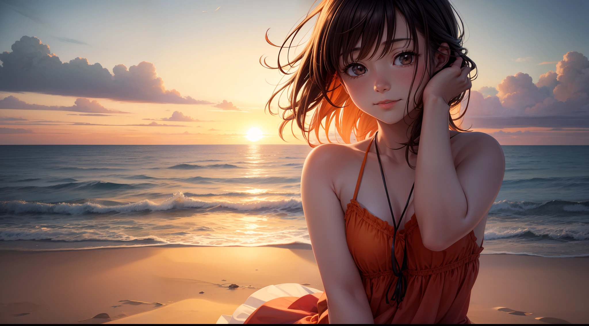 Imagine a picture of the seashore at sunset, The sky is full of beautiful colors, With red, Orange and yellow blend together to form a stunning palette, The sun shines with its shimmering golden rays and reflects those beautiful colors on the calm surface of the water, She feels the gentle wind blowing her hair and touching the girl's face, Inhale the refreshing smell of salt and listen to the sounds of the waves gently wrapping on the beach, You see birds flying in the sky and dancing above the water, Brightly lit, She sits on the soft sand and feels peace and tranquility filling her heart, Feel in harmony with nature and feel that time stops in this magical moment, Enjoy the tranquility and tranquility that surrounds her, And feel happy and comfortable in this magical place, 8k, Quilty Altitude, Realistic, Beautiful realism, outstanding detail, RAW photo, Light and cool lighting, realistic photo, Cel shaded, Gel lighting, ultra-detail