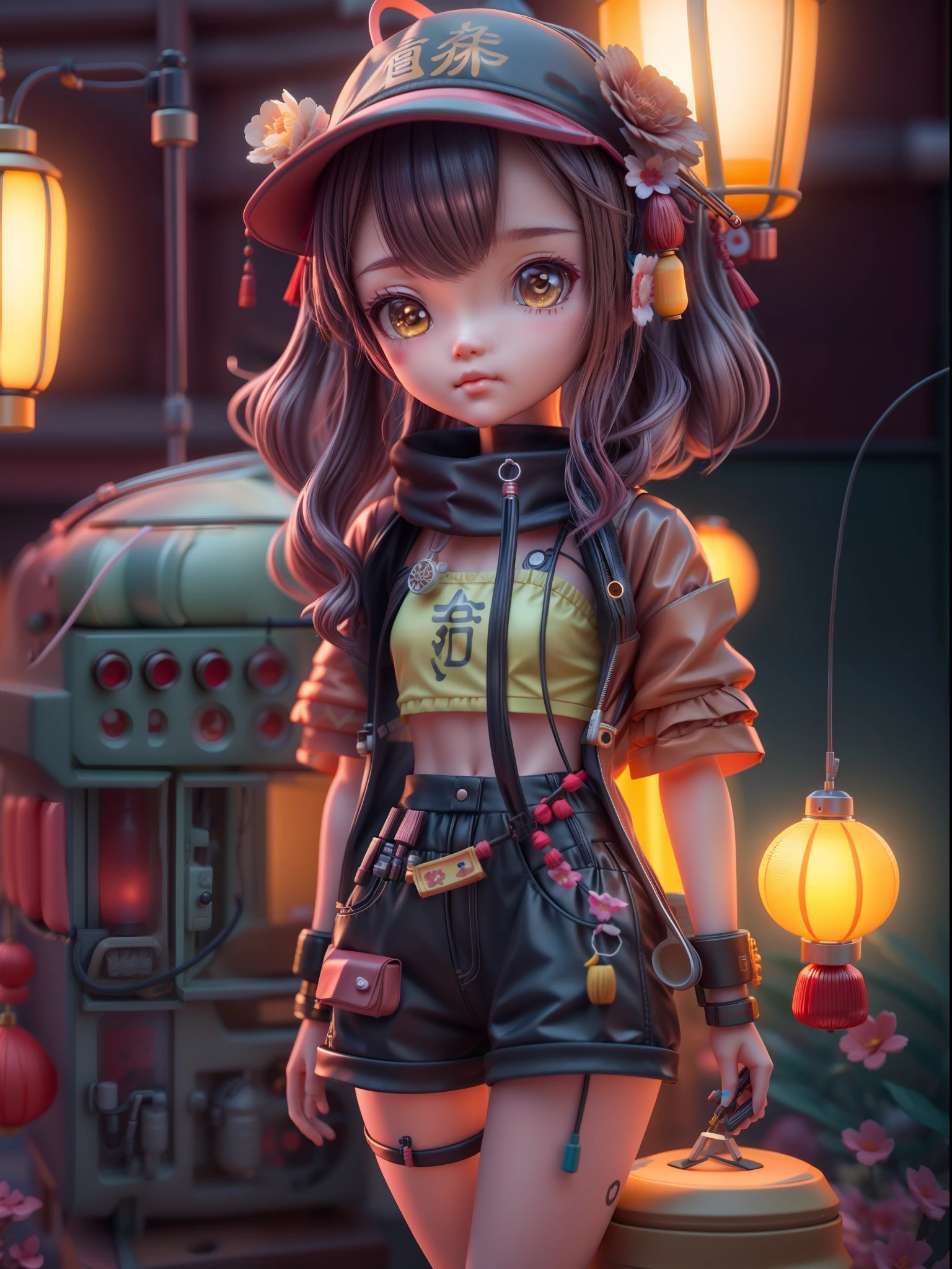 Soft clay character style：Close up of doll in Jane fishing cyberpunk costume, full bodyesbian,brunette color hair,with a melancholy expression,Clothes in a minimalist style,Soft clay material,anime styled 3d, 8k high-quality detailed art, Stylized anime, 3 d render stylized, Cute detailed digital art, lovely art style,  Small Chinese lantern and Chinese elements in the background plus vacuum tube punk style,8K, cute 3 d render, render of a cute 3d anime girl, Anime Stylization, adorable digital art,Soft lighting,The light is dim and yellow,,Sense of light and shadow,