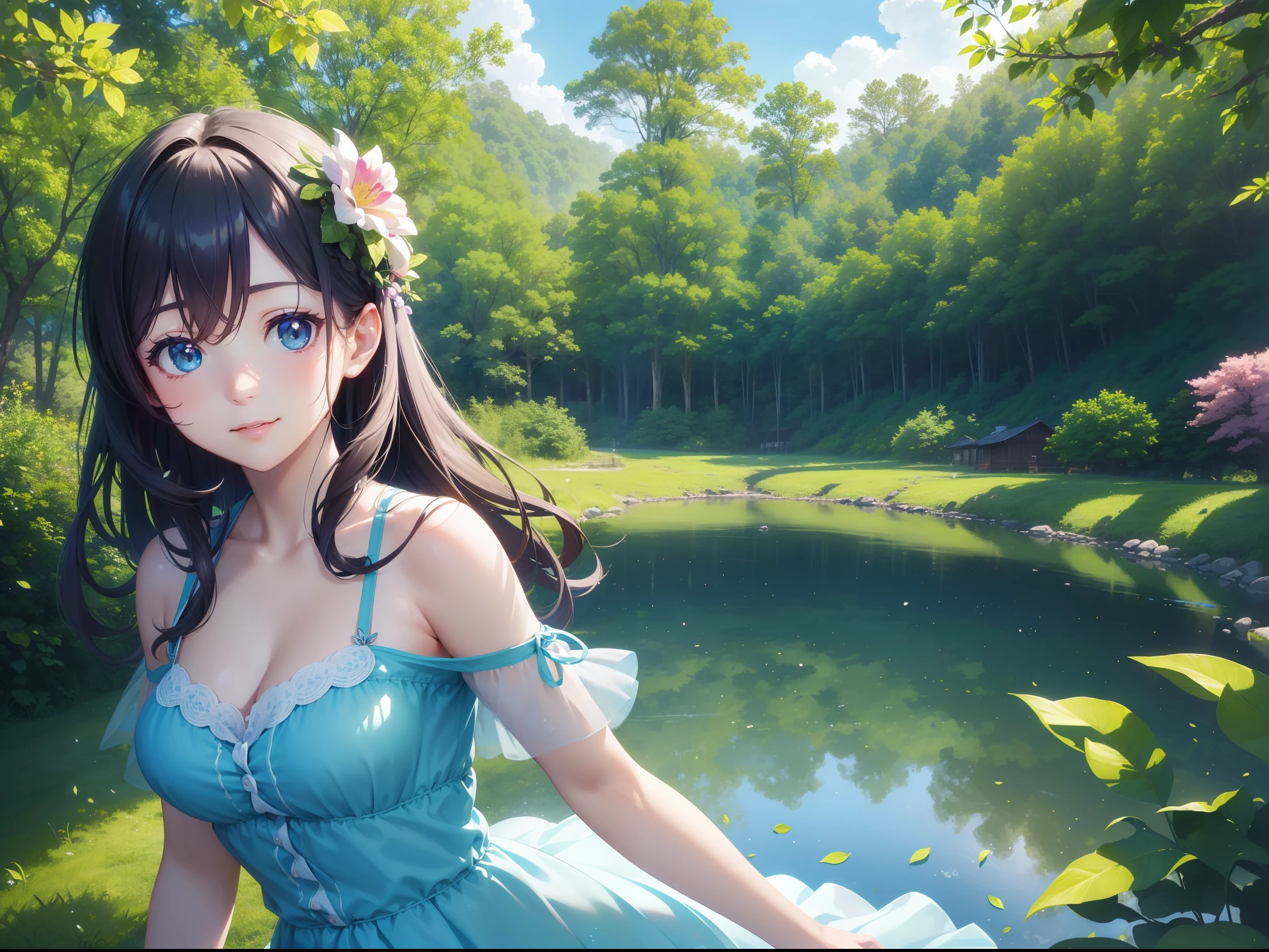 (best quality,highres,ultra-detailed,realistic:1.2),anime girl in sunny weather,forest all around,blue sky, vibrant colors, soft lighting, detailed eyes,lush green trees,fluffy clouds,warm sunlight,peaceful atmosphere,flowing hair, joyful expression,magical vibes, summer dress,delicate flowers,whimsical background