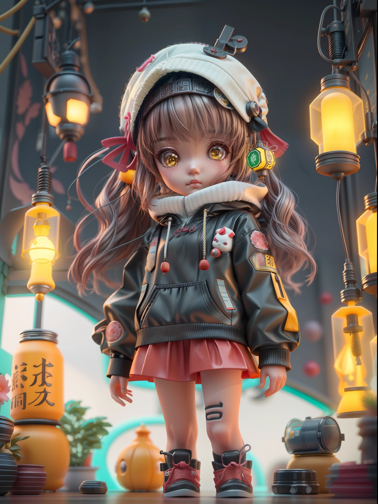 Soft clay character style：Close up of doll in Jane fishing cyberpunk costume, full bodyesbian,brunette color hair,with a melancholy expression,Clothes in a minimalist style,Soft clay material,anime styled 3d, 8k high-quality detailed art, Stylized anime, 3 d render stylized, Cute detailed digital art, lovely art style,  Small Chinese lantern and Chinese elements in the background plus vacuum tube punk style,8K, cute 3 d render, render of a cute 3d anime girl, Anime Stylization, adorable digital art,Soft lighting,The light is dim and yellow,,Sense of light and shadow,