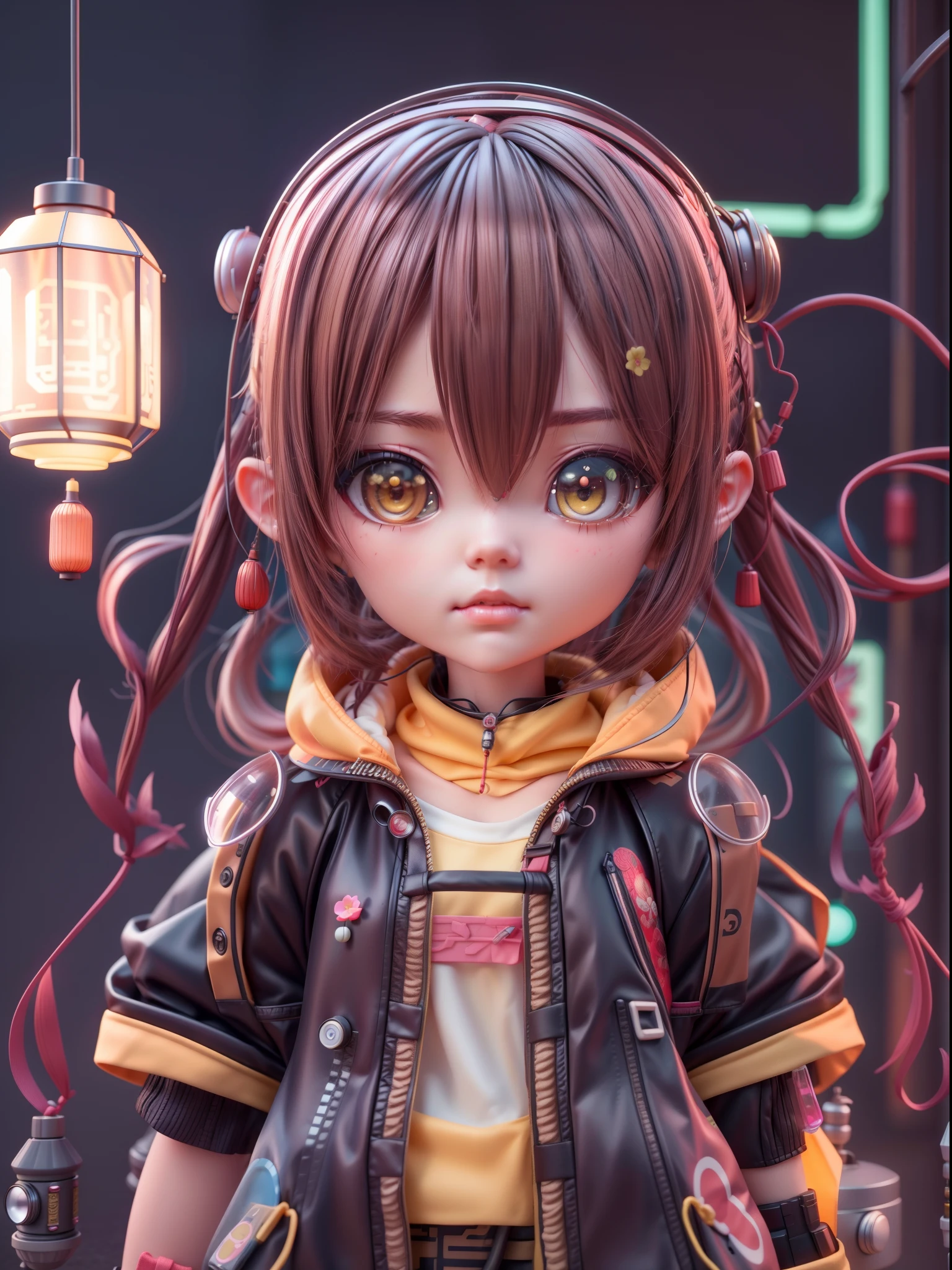 Soft clay character style：Close up of doll in Jane fishing cyberpunk costume, full bodyesbian,brunette color hair,with a melancholy expression,Clothes in a minimalist style,Soft clay material,anime styled 3d, 8k high-quality detailed art, Stylized anime, 3 d render stylized, Cute detailed digital art, lovely art style,  Small Chinese lantern and Chinese elements in the background plus vacuum tube punk style,8K, cute 3 d render, render of a cute 3d anime girl, Anime Stylization, adorable digital art,Soft lighting,The light is dim and yellow,,Sense of light and shadow,