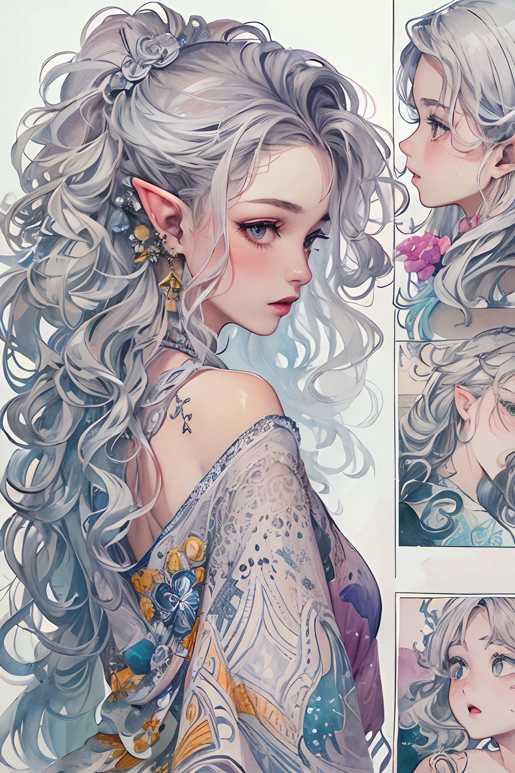 (tmasterpiece、top-quality、top-quality、watercolor paiting(curly)、offcial art、aestheticly pleasing:1.2)、(1girl in:1.3)、(Fractal art:1.3)、The upper part of the body、From the side Side、looking at viewert、patterns、(colorfulhair、Half-blonde,Half of the hair is silver:1.2)、Eau、liquids、clouds、Extremely colorful、starrysky、stone monument、tarot cards,the elf,lipsticks,Ruddy complexion,Purple eye,