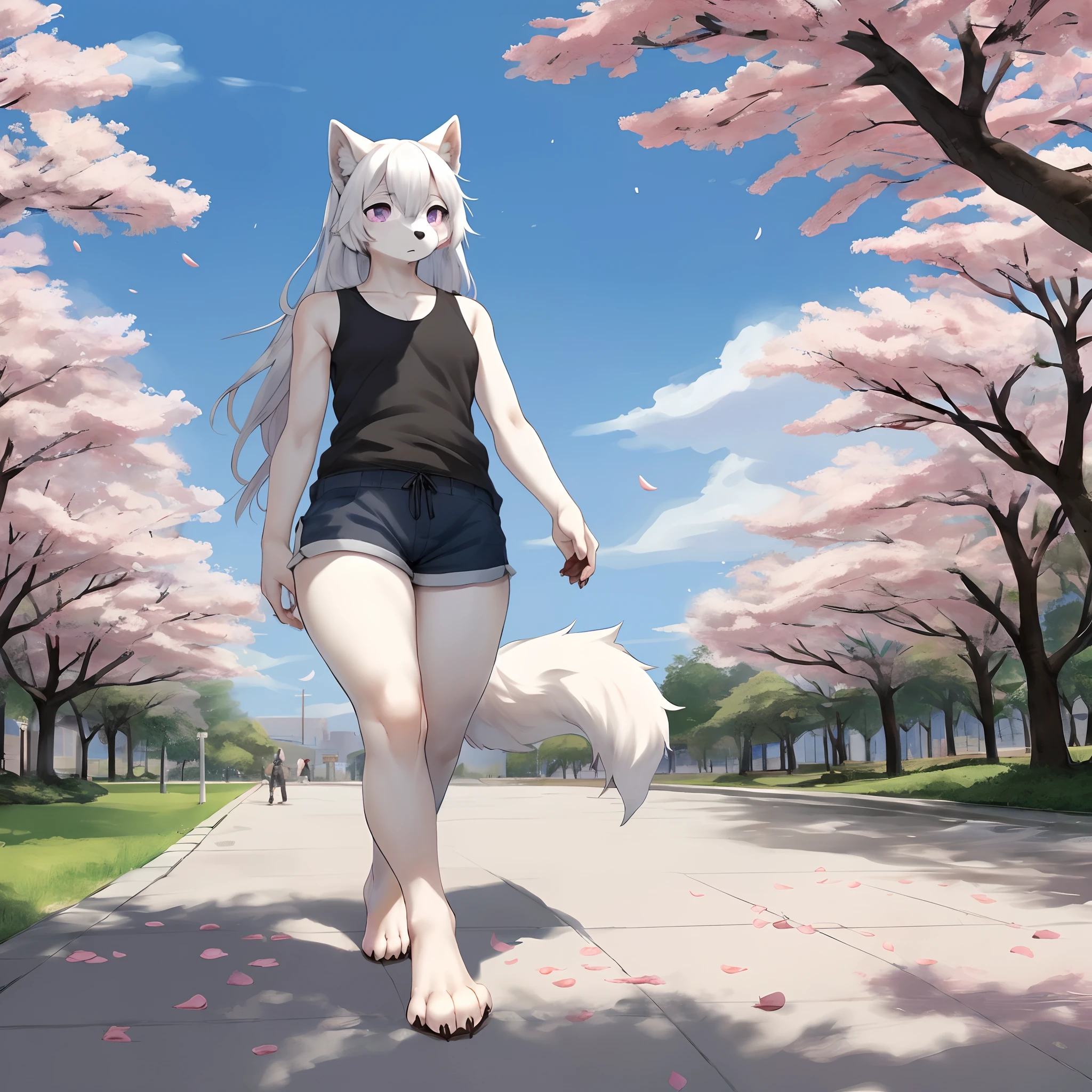 An all white furry anthropomorphic wolf girl, long white hair, purple eyes, black nose, cute snout, serious face, barefoot, paws, paw claws, white wolf tail, wearing black tank top, black short shorts, thick thighs, by gudlmok99, by sleepiness18, walking in a park, cherry blossom trees, lotus petals falling from the sky, windy day, solo:1.1, paws, 4 toes,