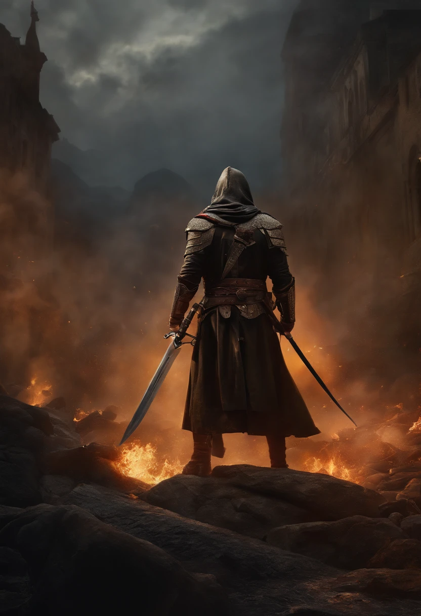 (best quality,4k,ultra-detalhado,Realistic:1.2),um homem com grandes asas, uma espada, A hood over his head in the background of a war (caos),oil painting style, cores vibrantes, dramatic lighting