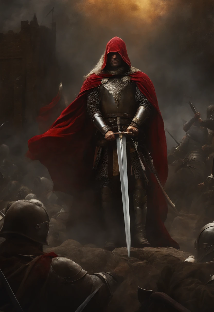 (best quality,4k,ultra-detalhado,Realistic:1.2),um homem com grandes asas, uma espada, A hood over his head in the background of a war (caos),oil painting style, cores vibrantes, dramatic lighting