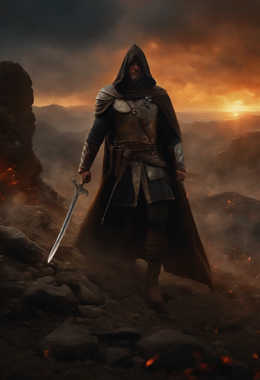 (best quality,4k,ultra-detalhado,Realistic:1.2),um homem com grandes asas, uma espada, A hood over his head in the background of a war (caos),oil painting style, cores vibrantes, dramatic lighting