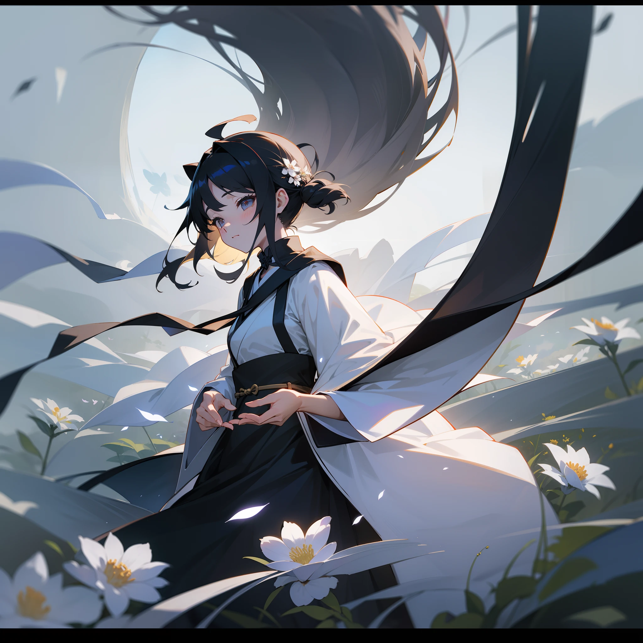 The old gate that stands beyond the border。A gate that makes you feel the passage of time、Woman Clothed in the Radiance of Life、komono、Flowers in the hands、Black and white scales floating、Show her fate。Top image quality、