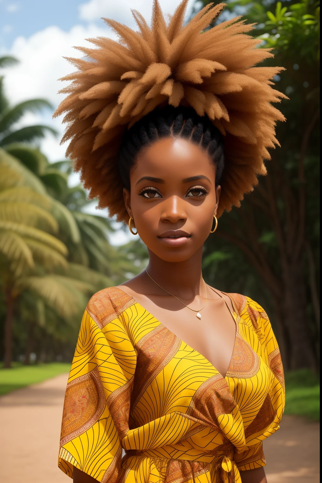 uma menina africana africana pele marrom escura:2, andando na estrada, mega hair, cabelos longos, folhas ao vento, imagem intrigante cores vividas, vestido longos, Sharp image, rosto de modelo, 8k, imagem profissional,