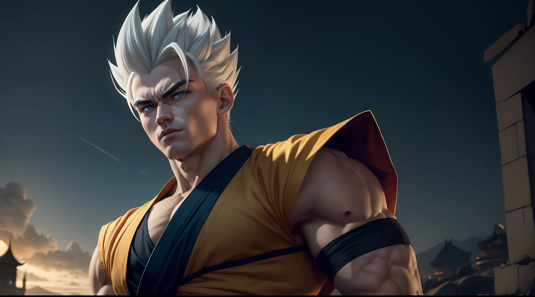 A true masterpiece of masculine beauty. gohan, super sayagin 5, 20 years old, Wears a martial arts outfit and fights in a haunted and abandoned city. Moonlight accentuates muscles just right. The landscape is lush and mysterious, with a dark city. The camera details everything. When looking at beautiful eyes, attractive blue eyes facing the viewer, one can clearly see every small detail, every perfect line, every detail of beautiful 8K quality skin, everyone is captivated by the beauty. Confidence radiates from every look. His head has white hair and his face is meticulously detailed in 8K quality images. Is a character in the Dragon Ball Seven series.