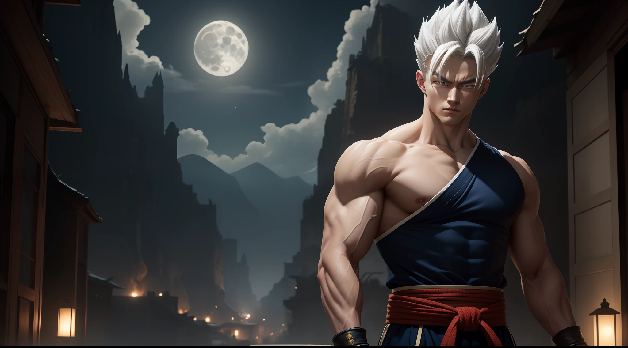 A true masterpiece of masculine beauty. gohan, super sayagin 5, 20 years old, Wears a martial arts outfit and fights in a haunted and abandoned city. Moonlight accentuates muscles just right. The landscape is lush and mysterious, with a dark city. The camera details everything. When looking at beautiful eyes, attractive blue eyes facing the viewer, one can clearly see every small detail, every perfect line, every detail of beautiful 8K quality skin, everyone is captivated by the beauty. Confidence radiates from every look. His head has white hair and his face is meticulously detailed in 8K quality images. Is a character in the Dragon Ball Seven series.