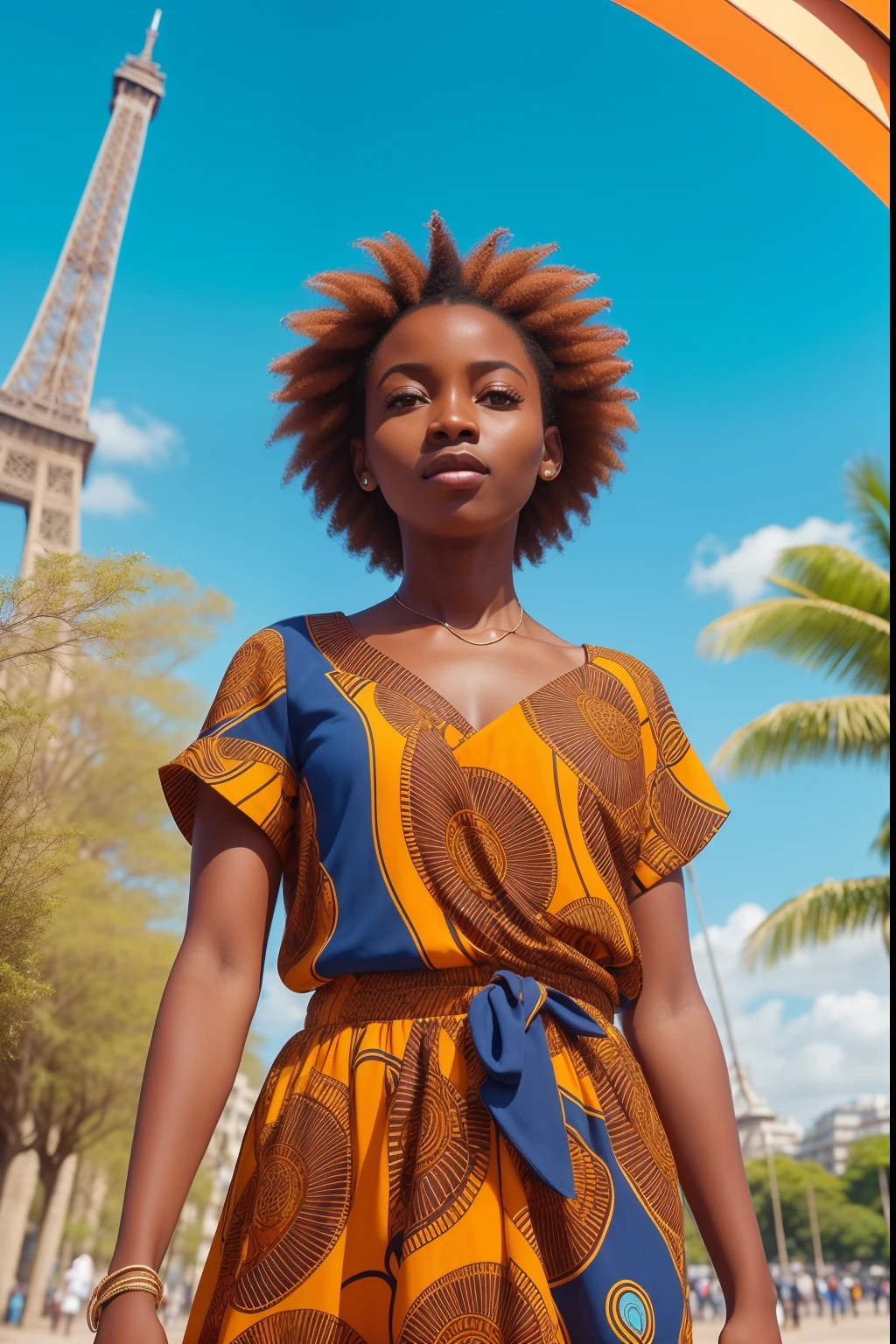 uma africana africana pele marrom escura:2, olhos verdes cintilantes:2, pose pra foto, chuva:5, parque, mega hair cabelos longos4, flores, imagem intrigante cores vividas, vestido florido, sapatos brancos, Sharp image, rosto de modelo, 8k, imagem profissional, iso100, fundo a cidade de paris, blue skies, moda atual