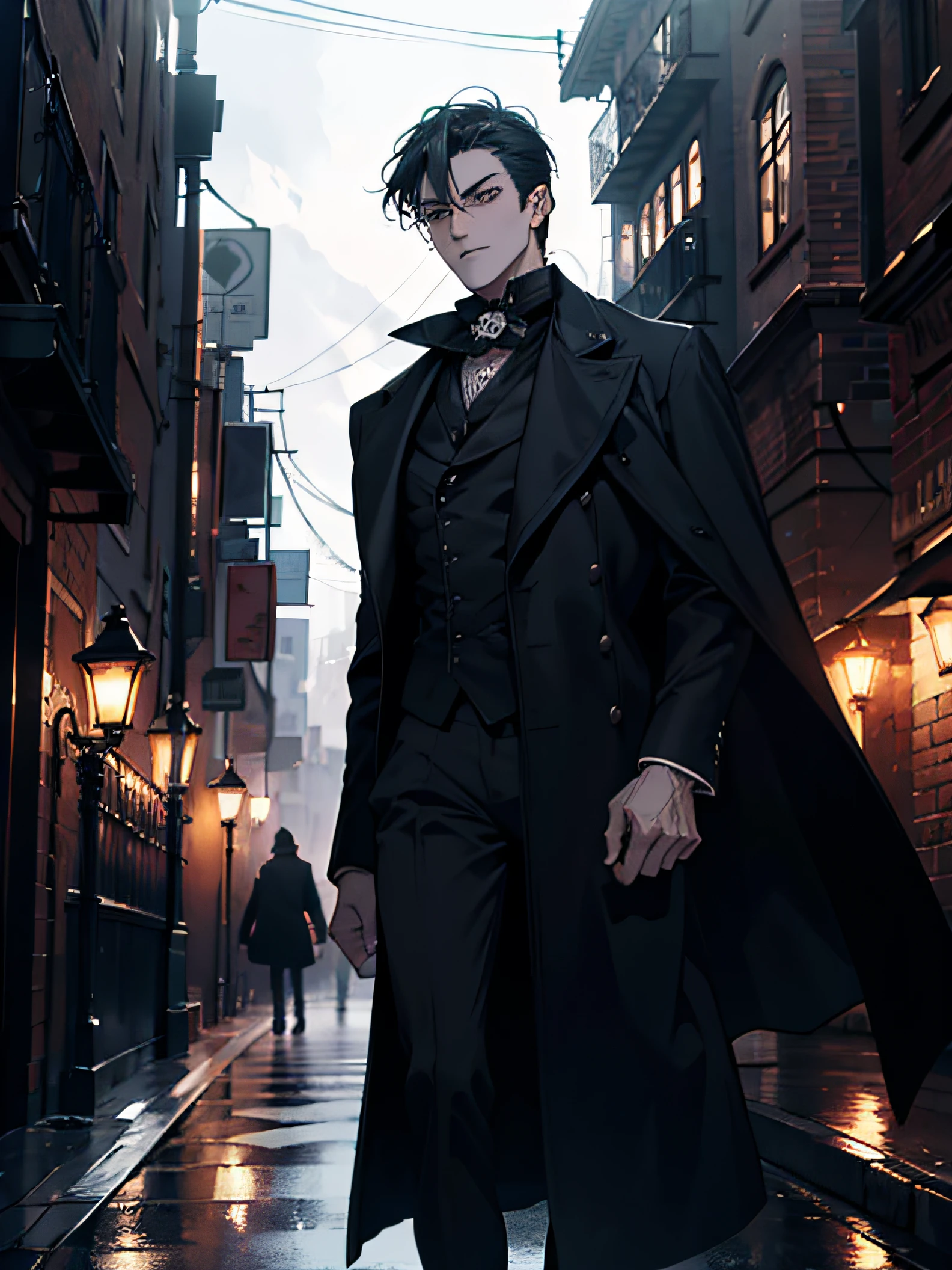 In a Victorian-era city at night, a man wearing a detective coat walks along a lonely street. The atmosphere is mysterious and filled with suspense. The street is dimly lit by flickering gas lamps, casting eerie shadows on the cobblestone ground. The man's coat is tailored to perfection, emphasizing his professional allure and determination. The sky above him is dark, with a captivating darkness emanating from the clouds, creating an ominous and foreboding atmosphere. thousand of one-eyed eyes gazing above him from the dark sky, Every step he takes echoes through the empty street, adding to the tension and intrigue. The city around him is reminiscent of the Victorian era, with tall, intricate buildings adorned with ornate details. The distant sound of a carriage passing by adds to the authenticity of the scene. The prompt aims to capture the essence of the detective's journey through this mysterious night, with elements of darkness, , and the haunting beauty of a bygone era, and the mysterious one-eyed eyes above the sky (best quality, highres), (dramatic lighting, atmospheric), (detective noir, Victorian Gothic)