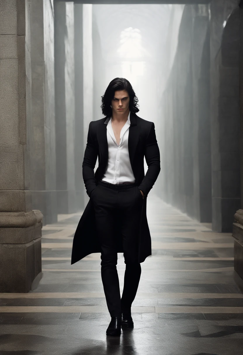 A two-meter muscular 20-year-old guy with pale skin, long black hair and red eyes, dressed in black pants, tight T-shirt in matte black, a white overcoat and similar to Dio Brando.