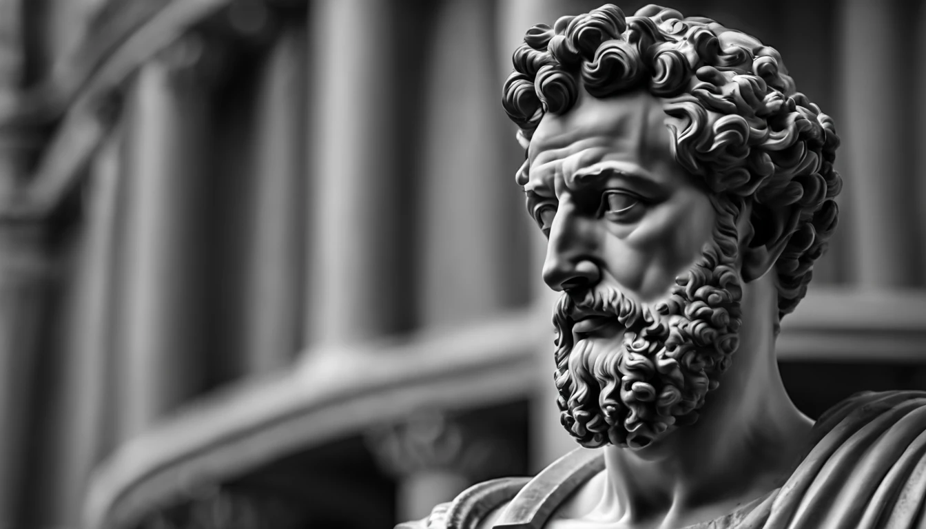 a portrait statue of the stoic Marcus Aurelius in black and white 4K,corpo todo ,forte,musculoso,sem camisa papel de parede super realista