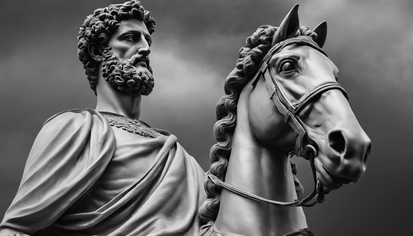 a portrait statue of the stoic Marcus Aurelius in black and white 4K,corpo todo ,forte,musculoso,sem camisa papel de parede super realista