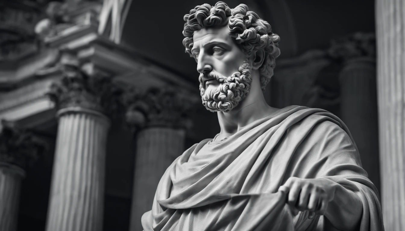 a portrait statue of the stoic Marcus Aurelius in black and white 4K,corpo todo ,forte,musculoso,sem camisa papel de parede super realista