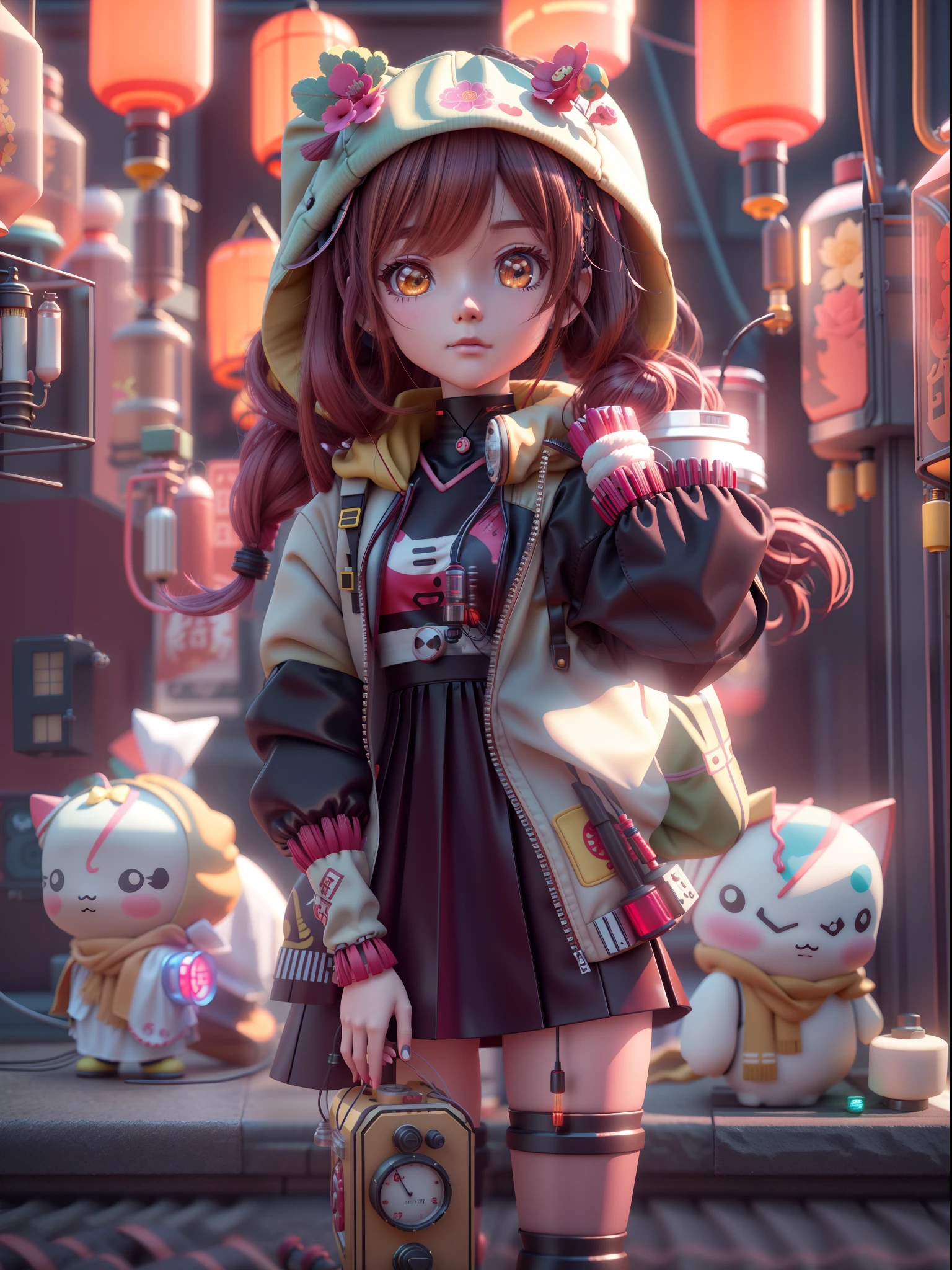 Soft clay character style:Close up of doll in vacuum tube punk style costume, full bodyesbian,brunette color hair,with a melancholy expression,Clothes in a minimalist style,Soft clay material,anime styled 3d, 8k high-quality detailed art, Stylized anime, 3 d render stylized, Cute detailed digital art, lovely art style, Small Chinese lantern and Chinese elements in the background plus vacuum tube punk style,8K, cute 3 d render, render of a cute 3d anime girl, Anime Stylization, adorable digital art,Soft lighting,The light is dim and yellow,,Sense of light and shadow,