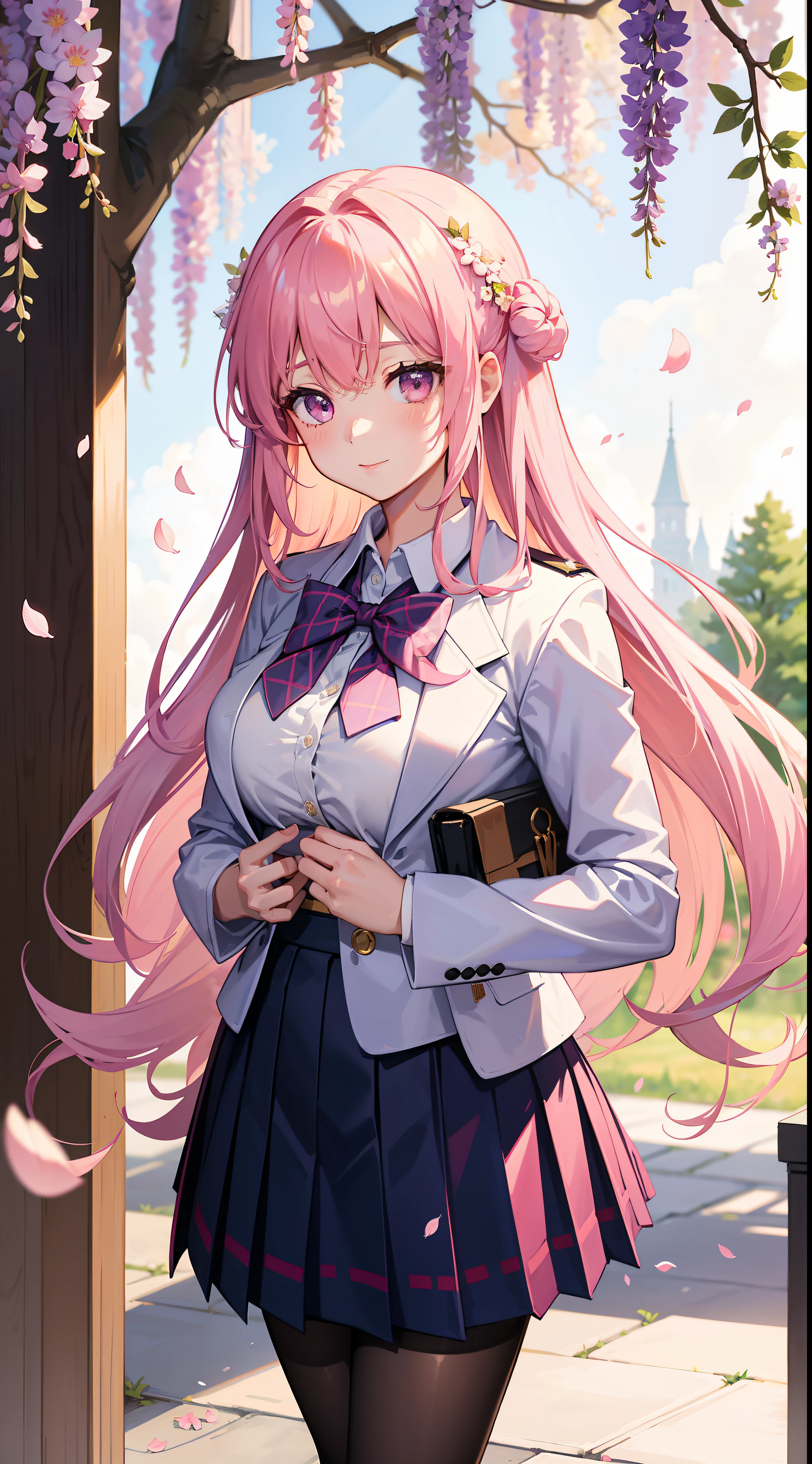 A girl in a school uniform stands in front of a tree with pink flowers on its branches，1个Giant Breast Girl，By bangs，Bare tree，blazer jacket，Bow knot，neck bowtie，tree branch，SakuraNS，collar shirt，daysies，Falling petals，florest background，florals，graduate，flower  sea，jaket，long whitr hair，longer sleeves，looking at viewert，exteriors，lacepantyhose，petals，pink flowers that，tartan，pleatedskirt，clubs，校服，The shirt，a skirt，ssmile，独奏，springtime \ (seasons \)，The tree，Wisteria --anime ，huge boob