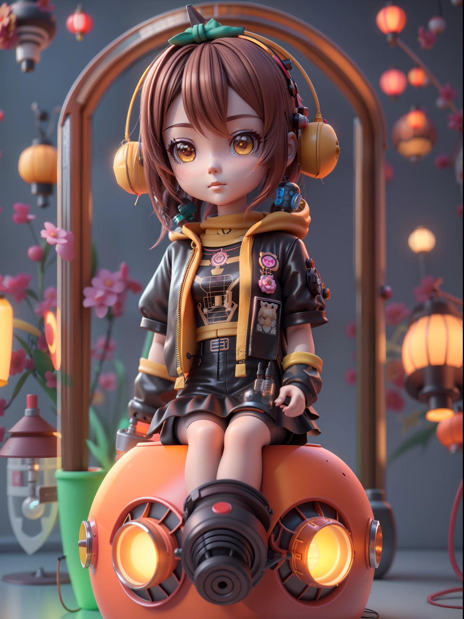 Soft clay character style：Close up of doll in vacuum tube punk style costume, full bodyesbian,brunette color hair,with a melancholy expression,Clothes in a minimalist style,Soft clay material,anime styled 3d, 8k high-quality detailed art, Stylized anime, 3 d render stylized, Cute detailed digital art, lovely art style,  Small Chinese lantern and Chinese elements in the background plus vacuum tube punk style,8K, cute 3 d render, render of a cute 3d anime girl, Anime Stylization, adorable digital art,Soft lighting,The light is dim and yellow,,Sense of light and shadow,