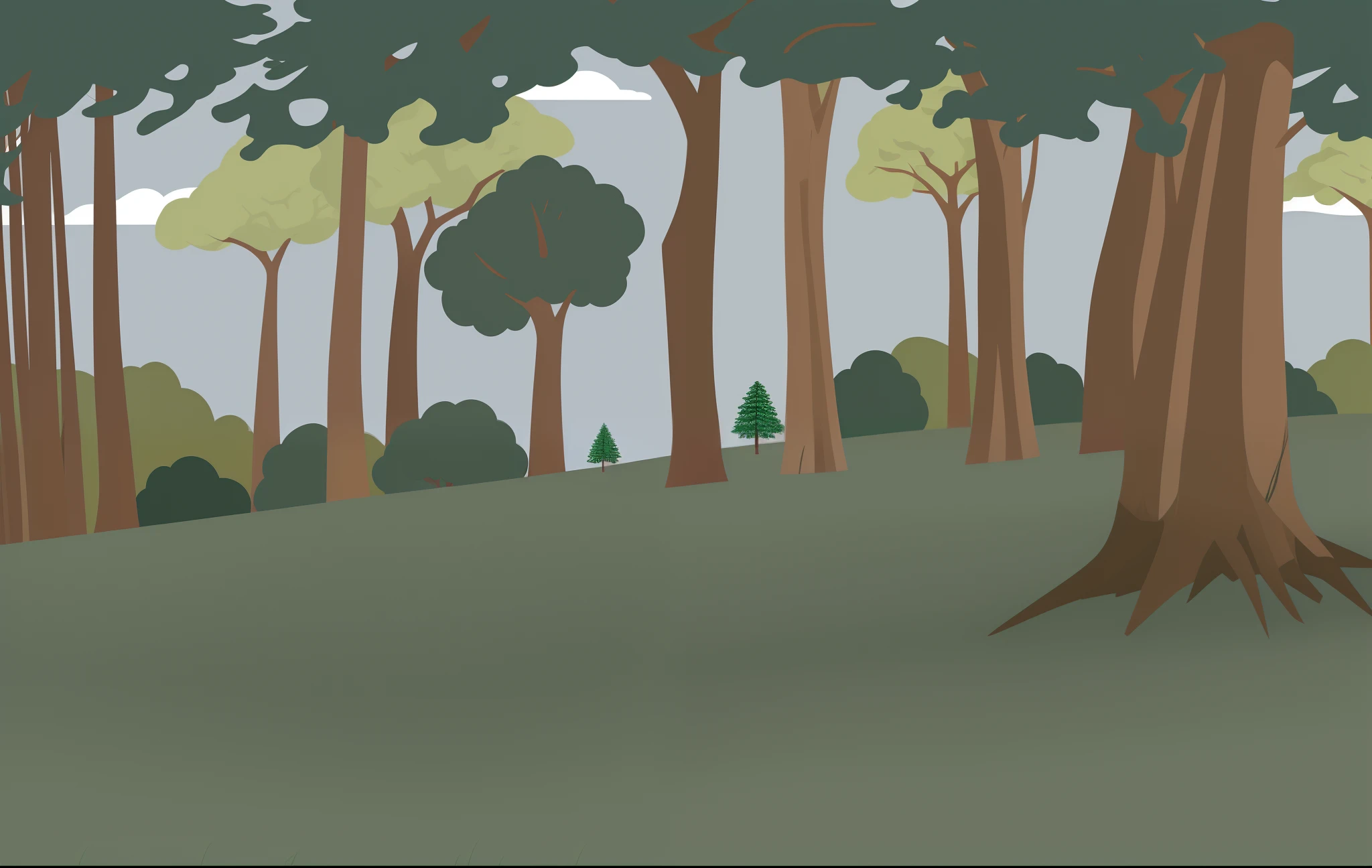 There is a drawing of a forest with trees and grass, some trees in the background, trees in the background, ambiente escuro