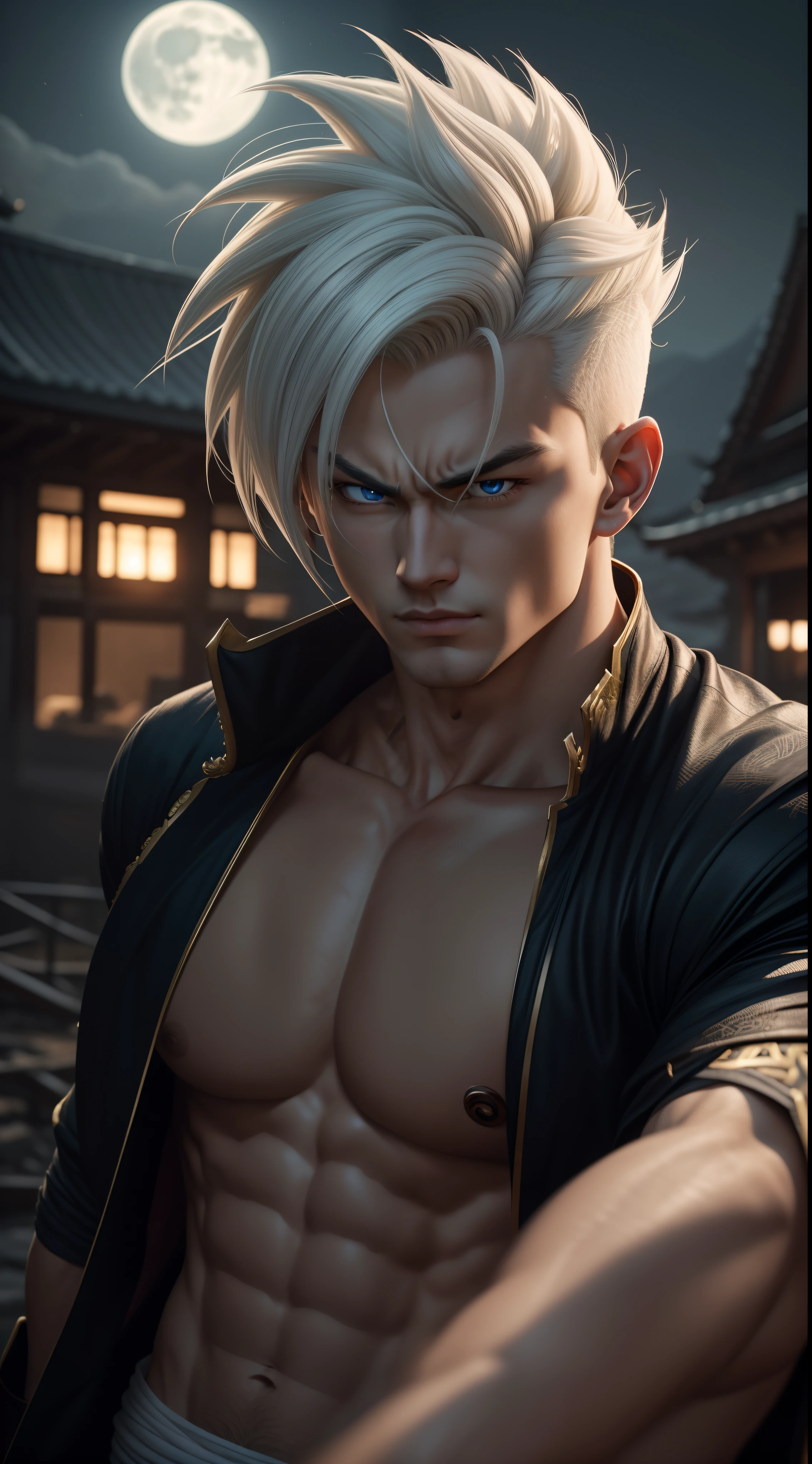 A true masterpiece of masculine beauty. gohan, super sayagin 5, 20 years old, Wears a martial arts outfit and fights in a haunted and abandoned city. Moonlight accentuates muscles just right. The landscape is lush and mysterious, with a dark city. The camera details everything. When looking at beautiful eyes, attractive blue eyes facing the viewer, one can clearly see every small detail, every perfect line, every detail of beautiful 8K quality skin, everyone is captivated by the beauty. Confidence radiates from every look. His head has white hair and his face is meticulously detailed in 8K quality images. Is a character in the Dragon Ball Seven series.