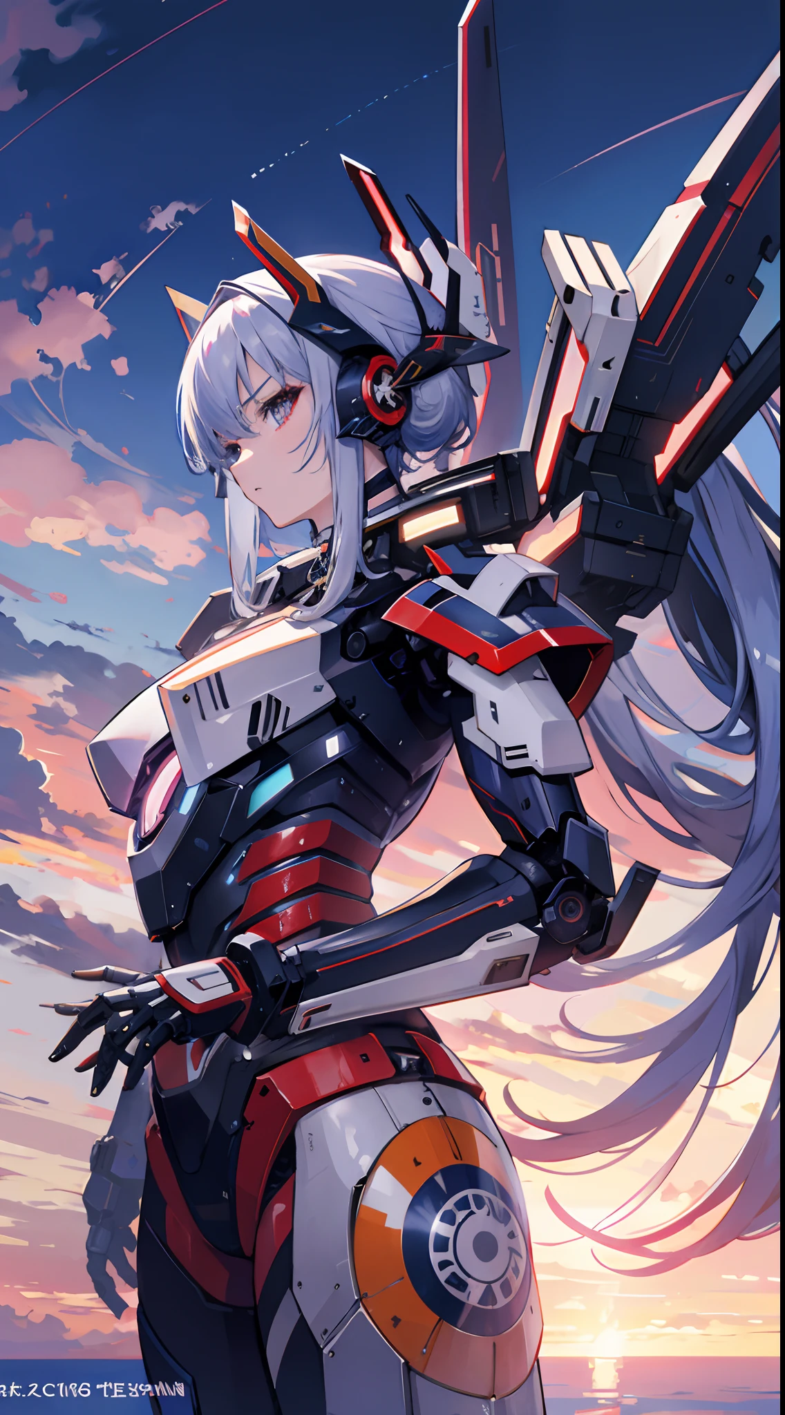 textless, wide shot, background ocean of clouds, CyberRonin, (Cyber-Samurai:1.2), girl, mecha, 8k, high resolution,