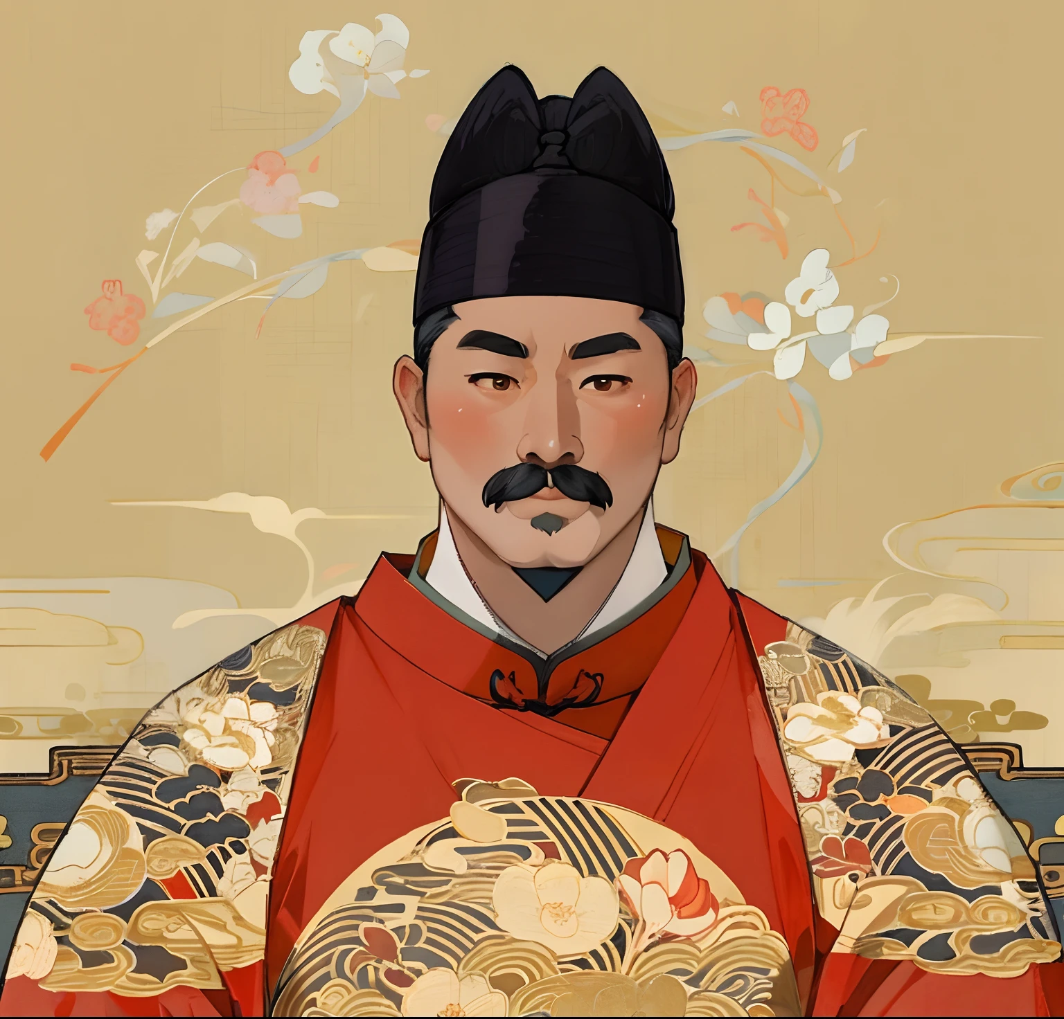 a close up of a painting of a man in a red emperor suit, middle aged asian man, inspired by Xuande Emperor, royal emperor, artwork in the style of z.w. gu, inspired by Cao Zhibai, imperial portrait, wearing ancient korean clothes, chson dynasty