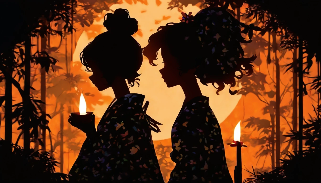 (Silhouette Art,cutouts:1.6)
(((Paper cutting art,A world where only black exists:1.3)
(Cowboy Shot),1 girl,Solo,
(Kimono Girl,profile:1.2),white, Clear and beautiful face,
BREAK
(Mass candles)
Textured glass background,
