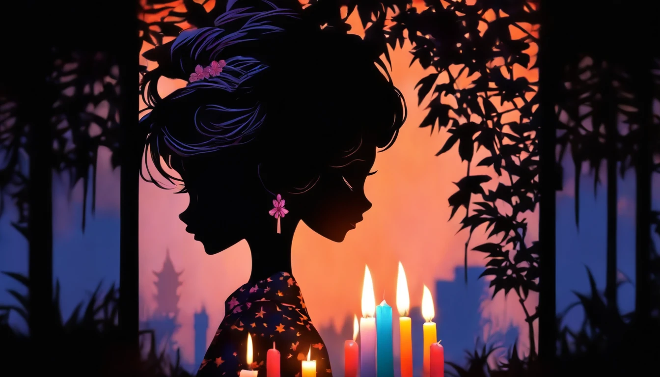 (Silhouette Art,cutouts:1.6)
(((Paper cutting art,A world where only black exists:1.3)
(Cowboy Shot),1 girl,Solo,
(Kimono Girl,profile:1.2),white, Clear and beautiful face,
BREAK
(Mass candles)
Textured glass background,