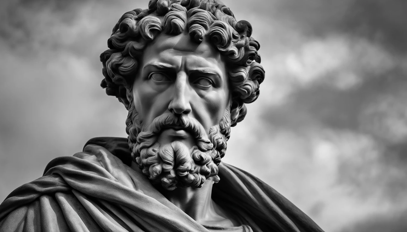 a portrait statue of the stoic Marcus Aurelius in black and white 4K,corpo todo ,forte,musculoso,sem camisa papel de parede super realista