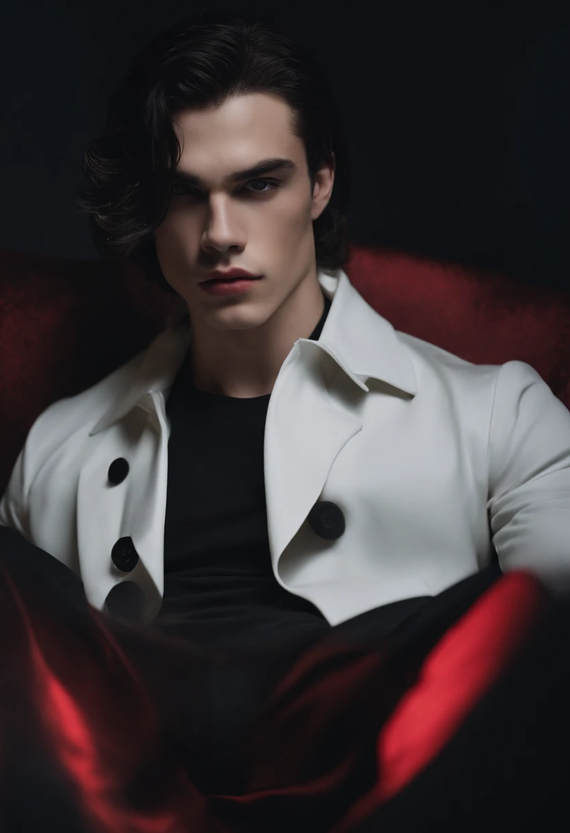 A two-meter muscular 20-year-old guy with pale skin, long black hair and red eyes, dressed in black pants, tight T-shirt in matte black, a white overcoat and similar to Dio Brando.