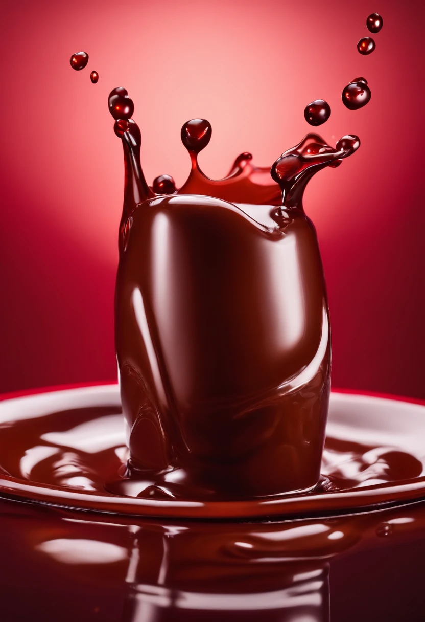 A single flying trough chocolate liquid, dark red background, product photography, hyper realistic, fujifilm gfx 50s, softbox light, artistic. 8k --ar 16:9