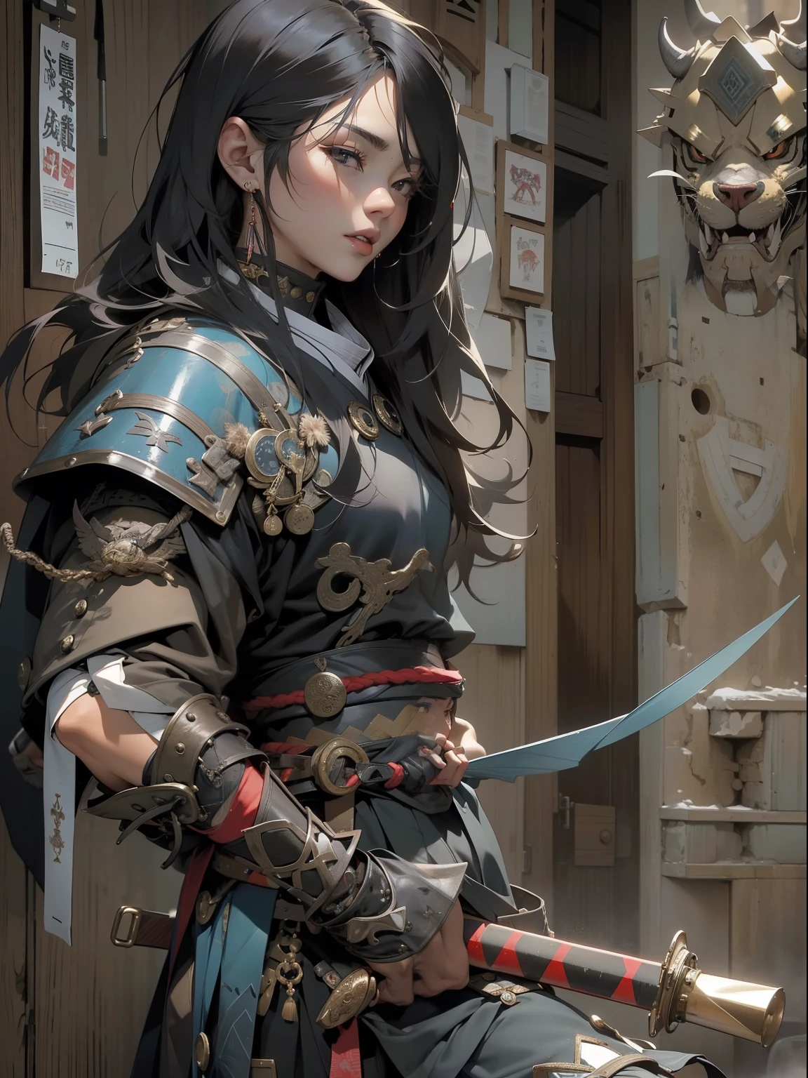 (((mtu))), (((best qualityer))), (((tmasterpiece))), (((AS-Adult))), ((( Japanese ))), Look up from your knees, Handsome Asian samurai,perfect body figure, Modern samurai, ((( Asian))), Wear gloves on your hands,The left arm is made of steel and metal tips,Made of protective devices, The eyes are pulled, (( Appears below the chest )), (( Small dental floss )), Simon Bisley, Almost naked(Simon Bisley)Castle City Wilderness,For high-resolution posters, hair straight, Minimum clothing, armure (Crazy clothes ), Full of tips and rivets, tribal tattoos, (((full bodyesbian))), Straight brunette hair,Colored hair ends
