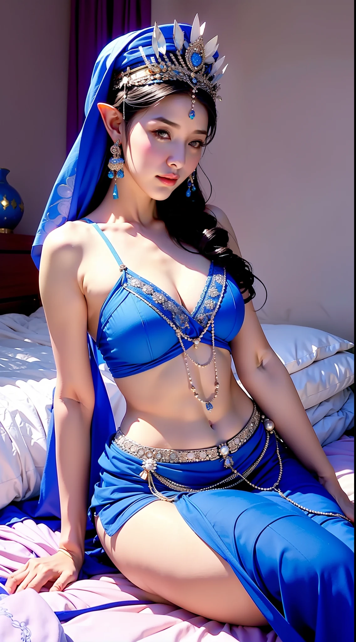 A Araki woman in a blue dress and headdress sits on the bed, Aesthetic!!!!!! Female elf, she is dressed as a belly dancer, beautiful Korean women, Beautiful goddess, a beautiful fantasy empress, Korean Idol, Korean girl, lalisa manobal, Belly dancing, Gorgeous young Korean woman, full-body xianxia, Korean woman, Beautiful oriental woman