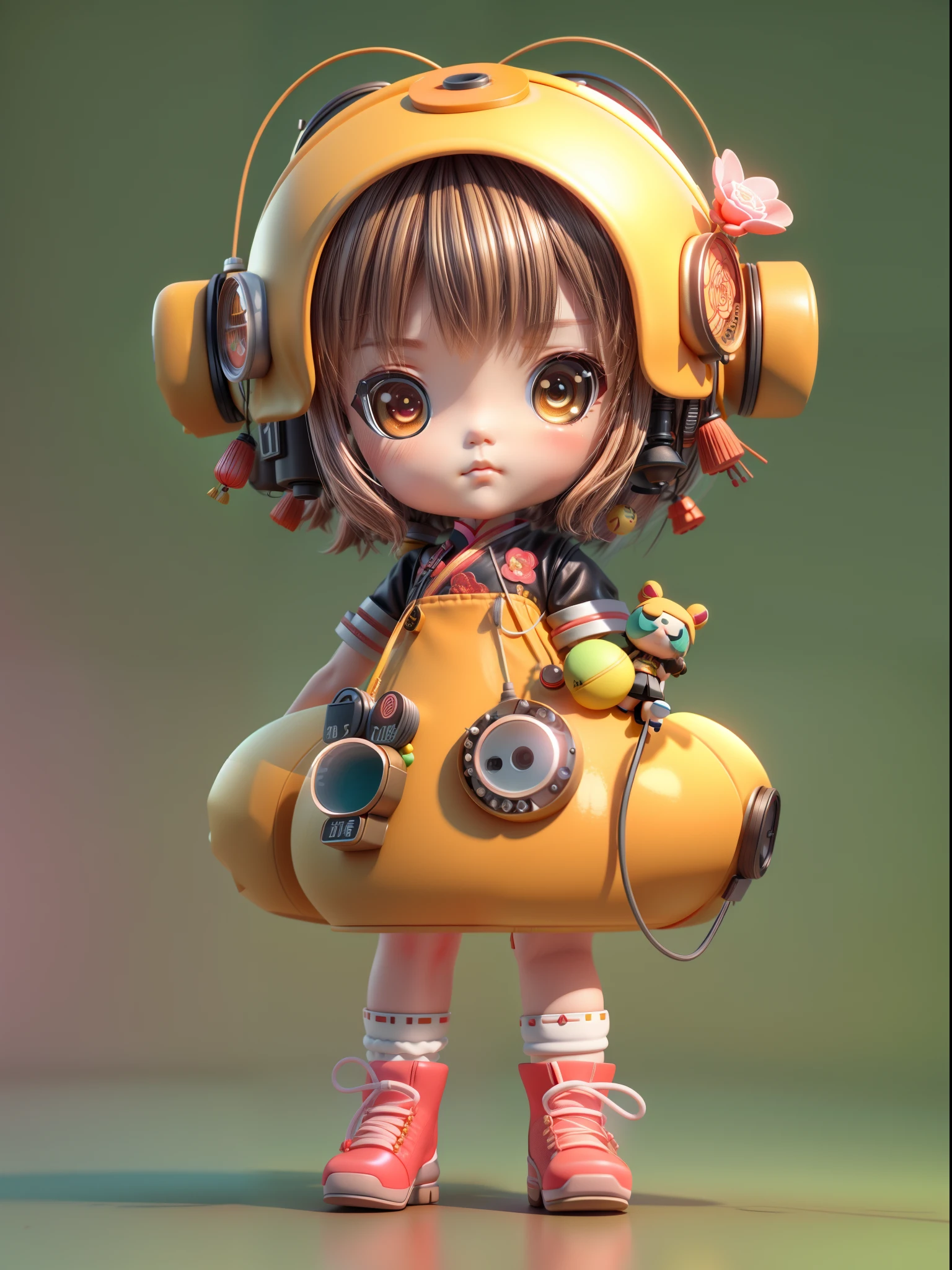 Soft clay character style:Close up of doll in vacuum tube punk style costume, full bodyesbian,brunette color hair,with a melancholy expression,Clothes in a minimalist style,Soft clay material,anime styled 3d, 8k high-quality detailed art, Stylized anime, 3 d render stylized, Cute detailed digital art, lovely art style, Small Chinese lantern and Chinese elements in the background plus vacuum tube punk style,8K, cute 3 d render, render of a cute 3d anime girl, Anime Stylization, adorable digital art,Soft lighting,The light is dim and yellow,,Sense of light and shadow,