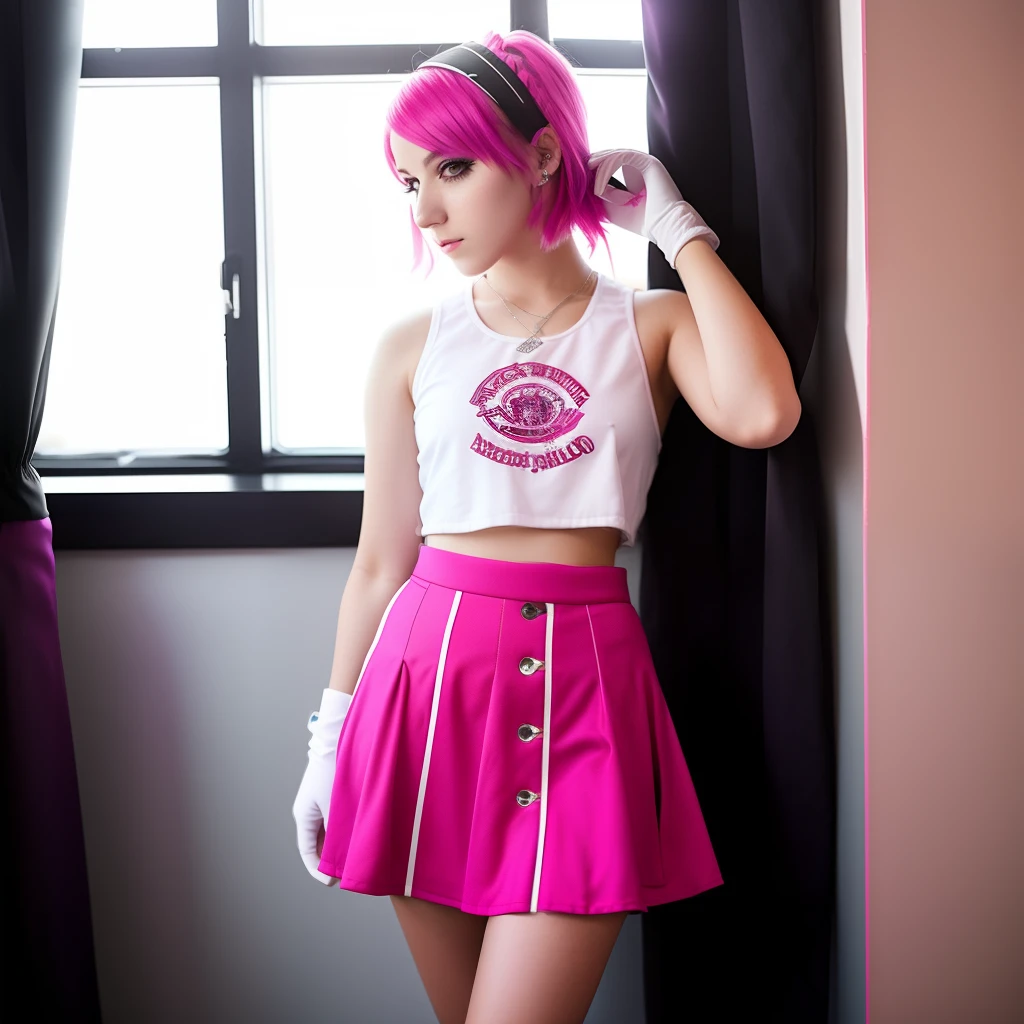 18 year old woman. Cute. Emo asthetic. Rush band crop top. Nose ring. Long gloves. Skirt. Pink short hair. Ambient lighting.