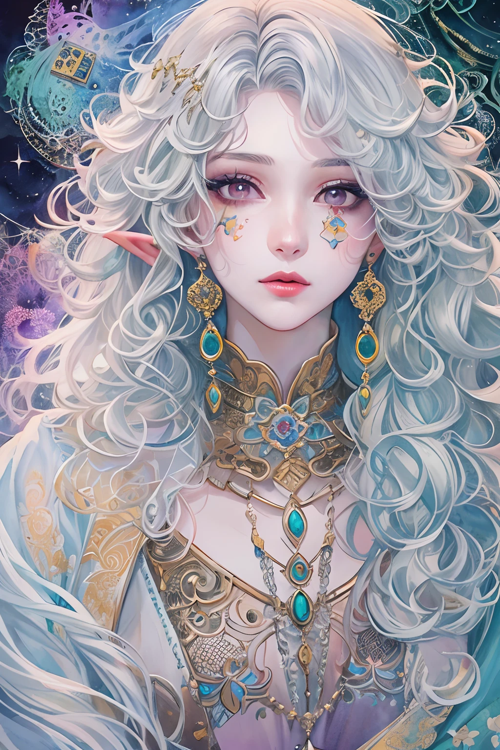 (tmasterpiece、top-quality、top-quality、watercolor paiting(curly)、offcial art、aestheticly pleasing:1.2)、(1girl in:1.3)、(Fractal art:1.3)、The upper part of the body、From the side Side、looking at viewert、patterns、(colorfulhair、Half-blonde,Half of the hair is silver:1.2)、Eau、liquids、clouds、Extremely colorful、starrysky、stone monument、tarot cards,the elf,lipsticks,Ruddy complexion,Purple eye,