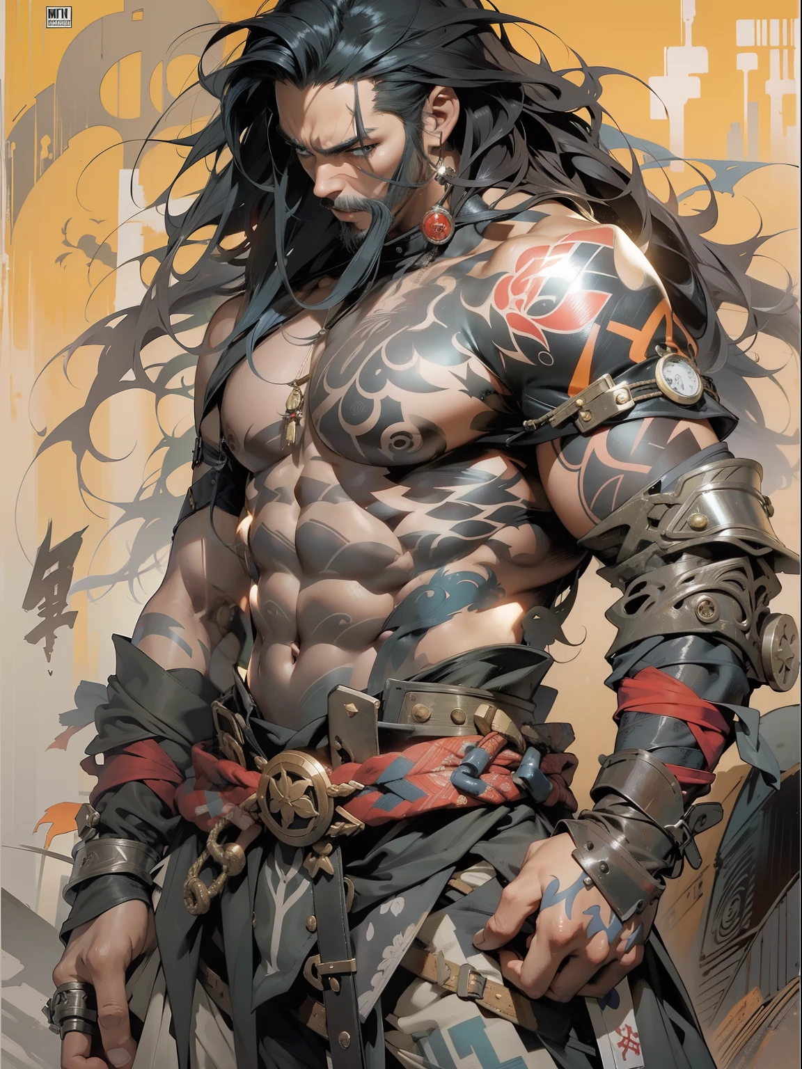 (((mtu))), (((best qualityer))), (((tmasterpiece))), (((AS-Adult))), ((( Japanese ))), Look up from your knees, Handsome Asian samurai，perfect body figure, Modern samurai, ((( Asian))), Wear gloves on your hands，The left arm is made of steel and metal tips，Made of protective devices, The eyes are pulled, (( Appears below the chest )), (( Small dental floss )), Simon Bisley, Almost naked（Simon Bisley）Castle City Wilderness，For high-resolution posters, hair straight, Minimum clothing, armure (Crazy clothes ), Full of tips and rivets, tribal tattoos, (((full bodyesbian))), Straight brunette hair，Colored hair ends