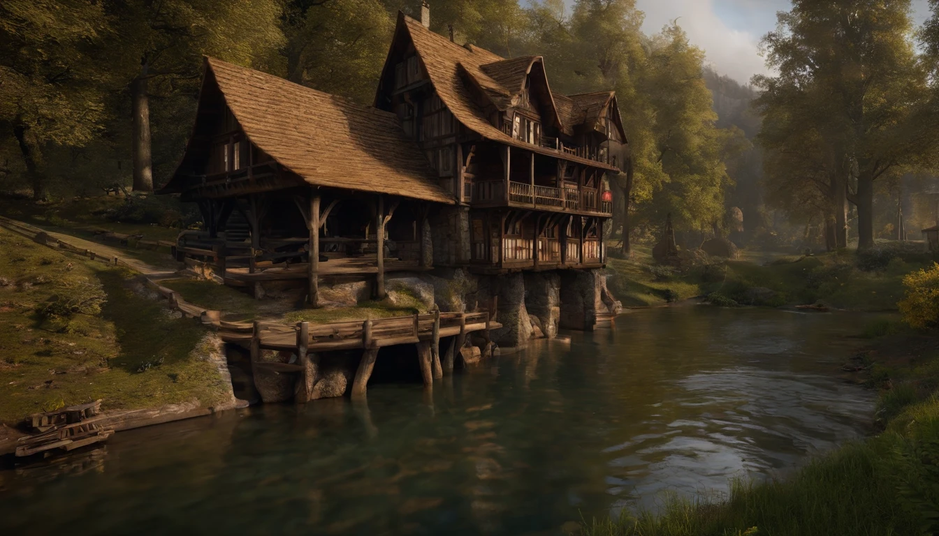 Wooden house next to a water mill with large rollers，a river，uni, detailed scenic view, , medieval village, ，Heroes of Might & Magic 3，Fantastical，4K，best qualtiy，primitive，光影效果，illumination，（(Ultra-detailed and high-precision detail))、autumnal
