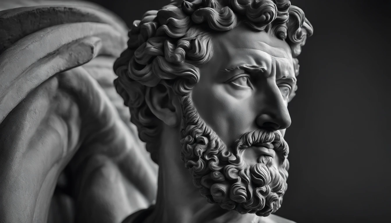 a portrait statue of the stoic Marcus Aurelius in black and white 4K,corpo todo ,forte,musculoso,sem camisa papel de parede super realista