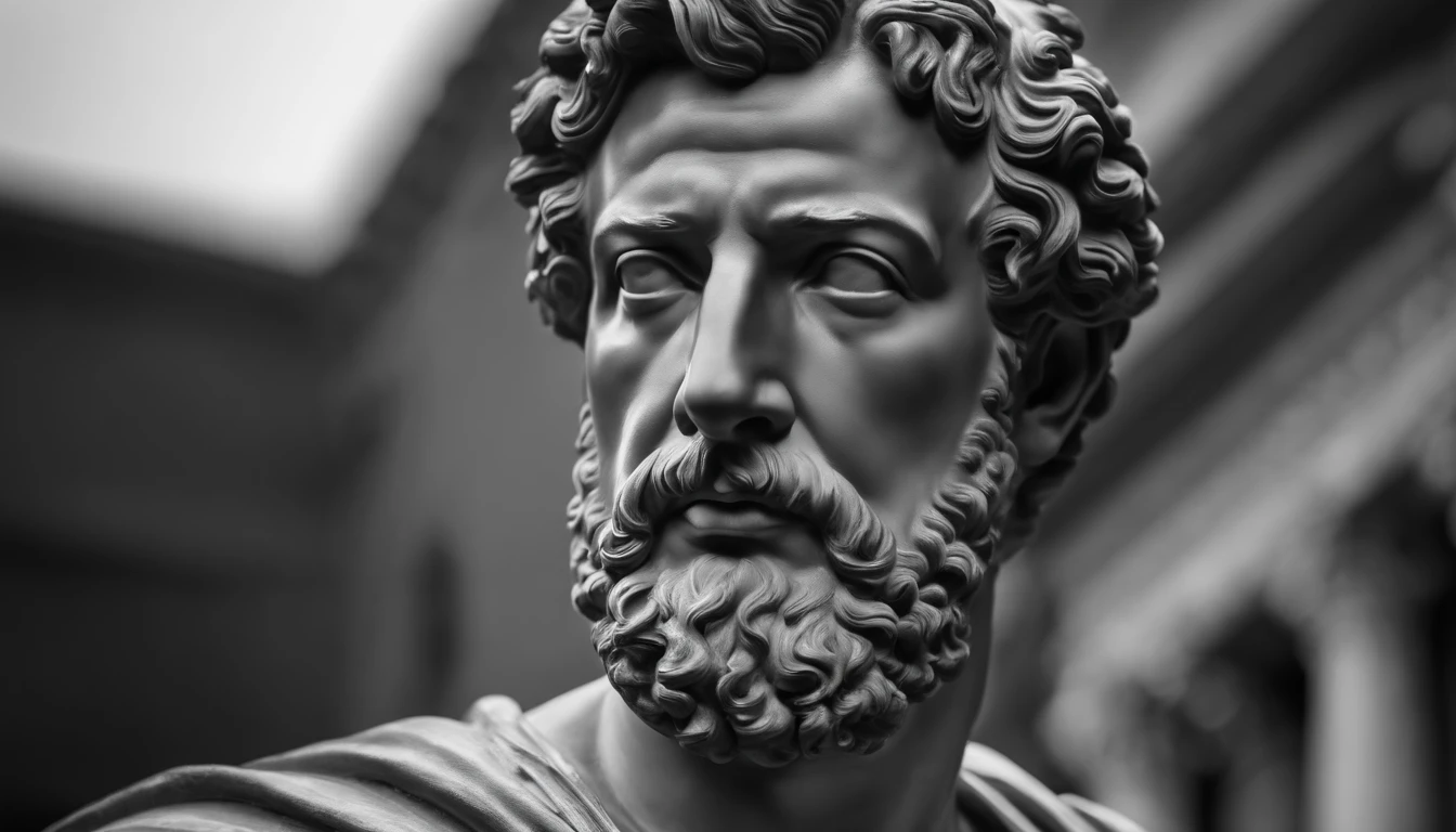 a portrait statue of the stoic Marcus Aurelius in black and white 4K,corpo todo ,forte,musculoso,sem camisa papel de parede super realista