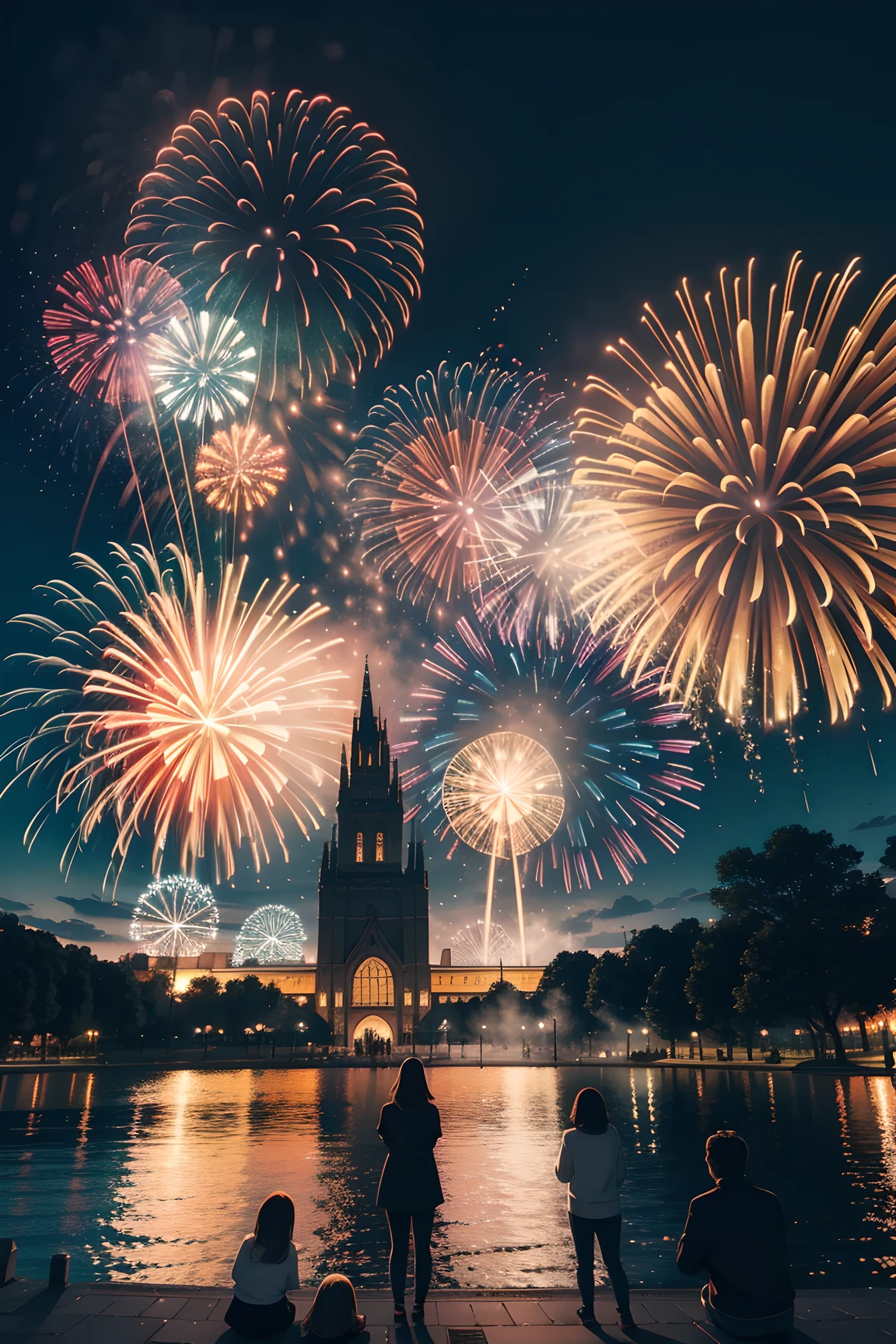 A group commemorative photo shoot,Behind is a spectacular fireworks display. The fireworks are huge,best qualtiy,tmasterpiece