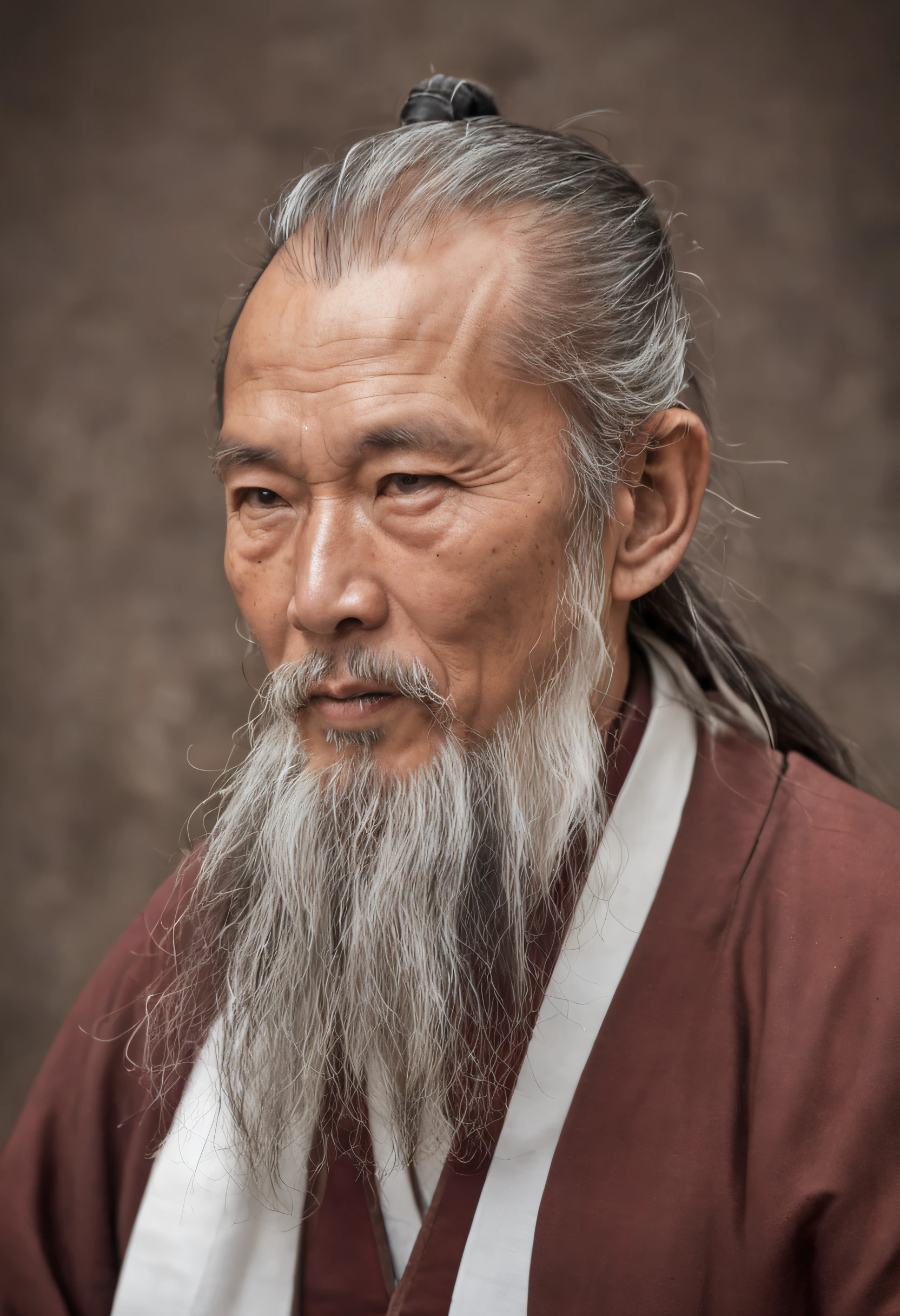 Um close-up de um velho monge com uma longa barba e uma barba branca, taoist, careca,Traje de monge,inspirado em Wu Daozi, Retrato do monge, taoist master, foto do retrato de um homem velho, inspirado em Hu Zaobin, inspirado em Hu Zao, longa barba branca, inspirado por Li Cheng, 7 0 mm portrait, Retrato de 60mm