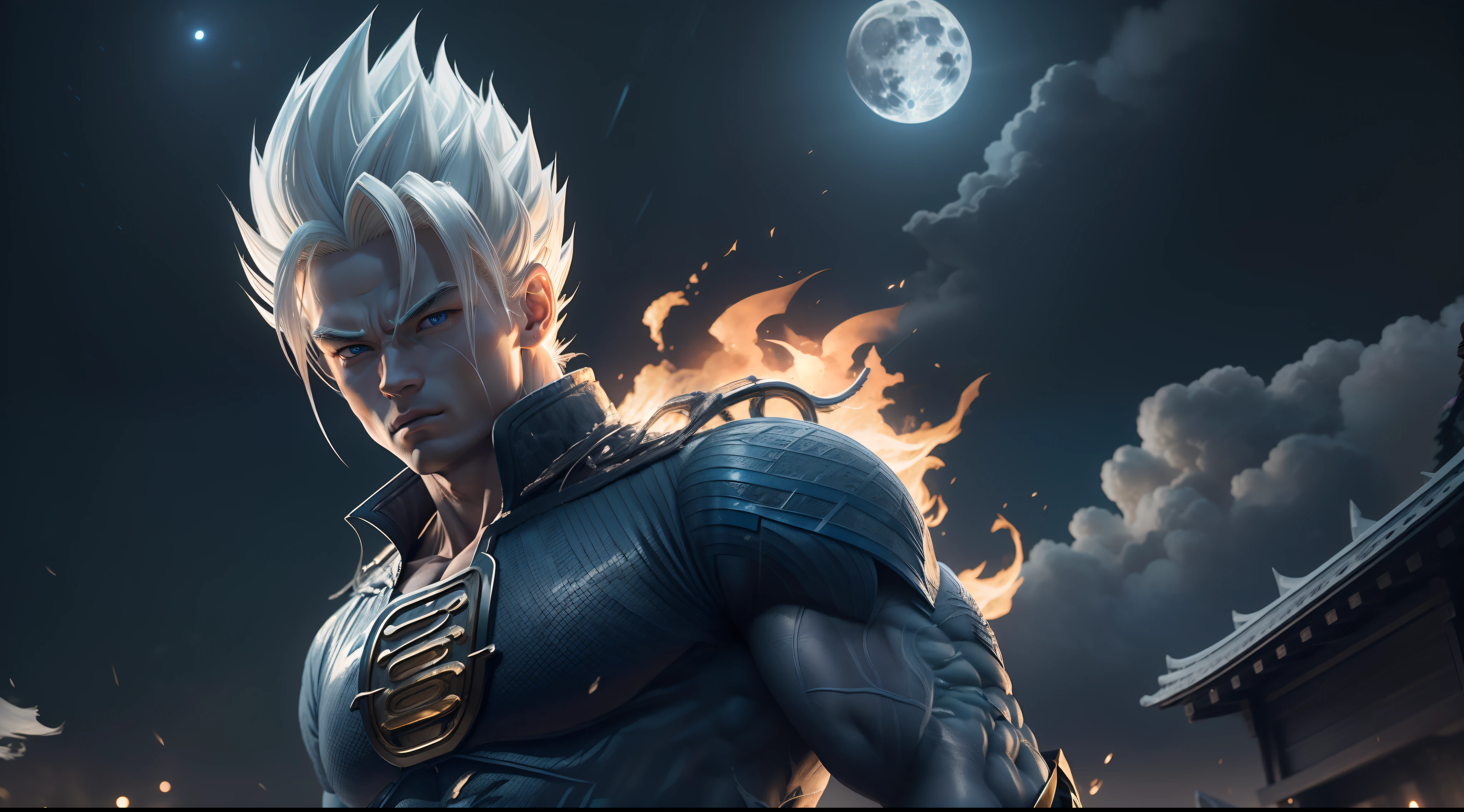 A true masterpiece of masculine beauty. gohan, super sayagin 5, 20 years old, Wears a martial arts outfit and fights in a haunted and abandoned city. Moonlight accentuates muscles just right. The landscape is lush and mysterious, with a dark city. The camera details everything. When looking at beautiful eyes, attractive blue eyes facing the viewer, one can clearly see every small detail, every perfect line, every detail of beautiful 8K quality skin, everyone is captivated by the beauty. Confidence radiates from every look. His head has white hair and his face is meticulously detailed in 8K quality images. Is a character in the Dragon Ball Seven series.​