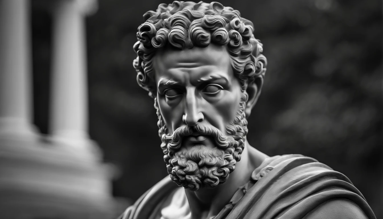 a portrait statue of the stoic Marcus Aurelius in black and white 4K,corpo todo ,forte,musculoso,sem camisa papel de parede super realista
