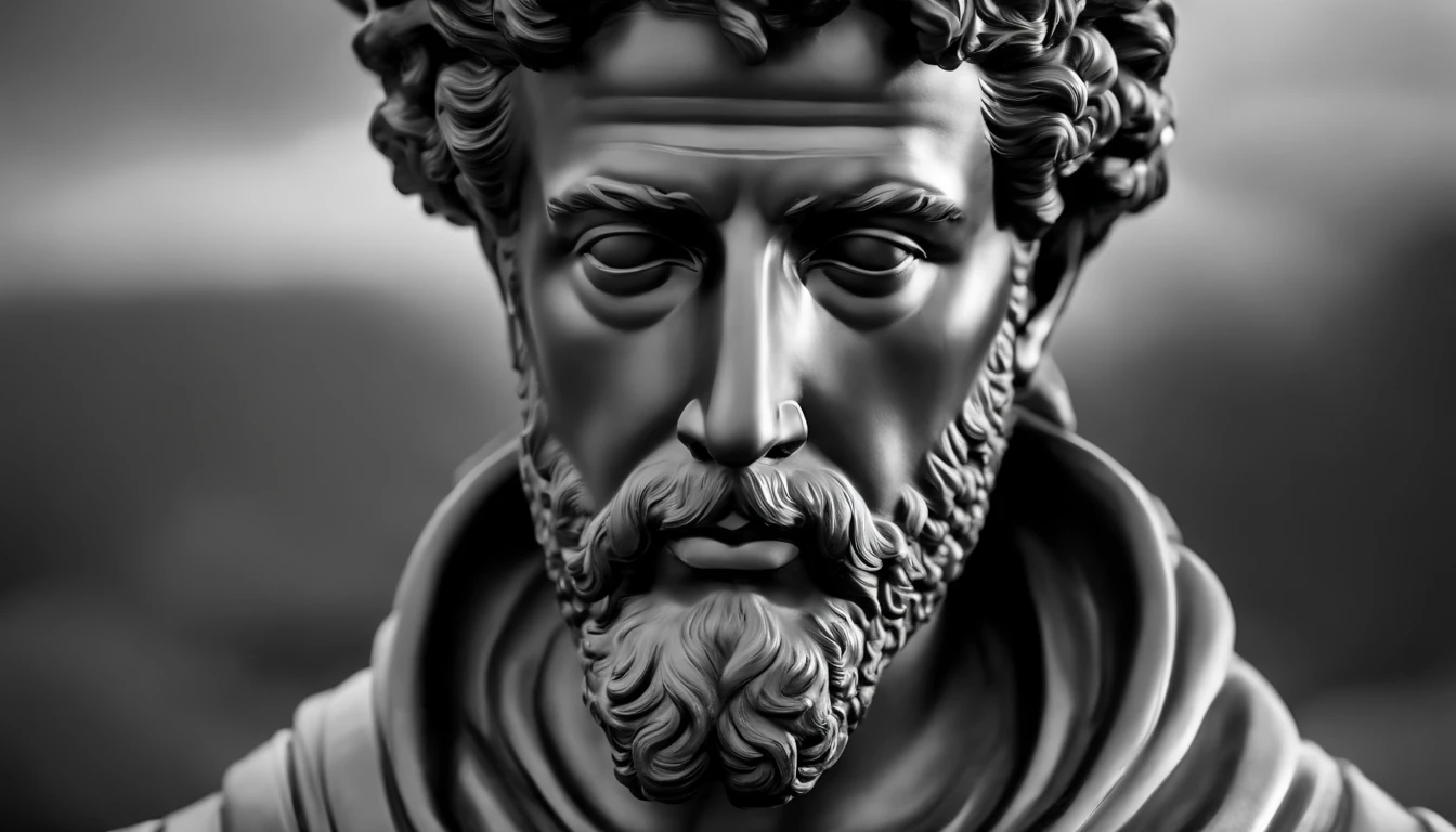 a portrait statue of the stoic Marcus Aurelius in black and white 4K,corpo todo ,forte,musculoso,sem camisa papel de parede super realista