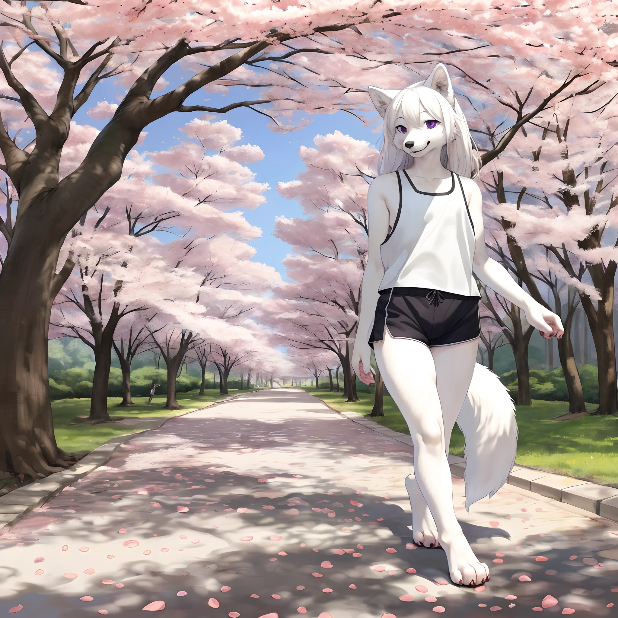 An all white furry anthropomorphic wolf girl, long white hair, purple eyes, black nose, cute snout, serious face, barefoot, paws, paw claws, white wolf tail, wearing black tank top, black short shorts, thick thighs, by gudlmok99, by kikurage, walking in a park, cherry blossom trees, lotus petals falling from the sky, windy day, solo:1.1, paws, 4 toes, humanoid hands, nice hands, posing elegantly, smiling, mouth open
